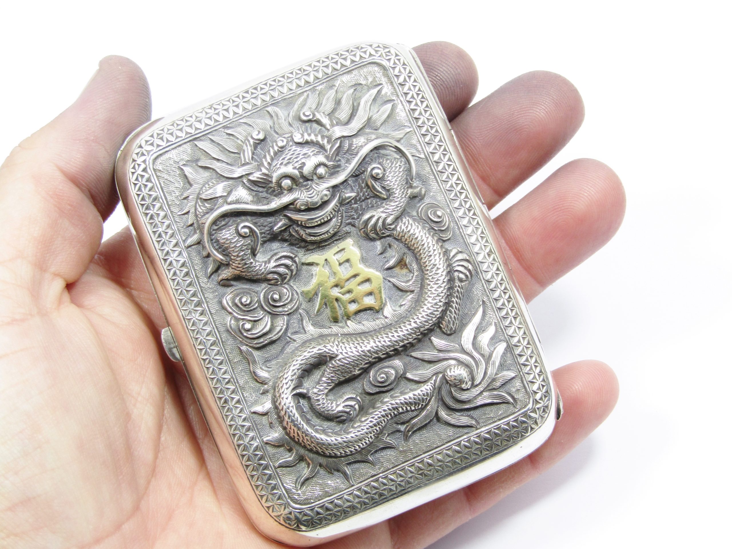 Stunning! Chinese Silver Repousse Dragon Cigarette Case