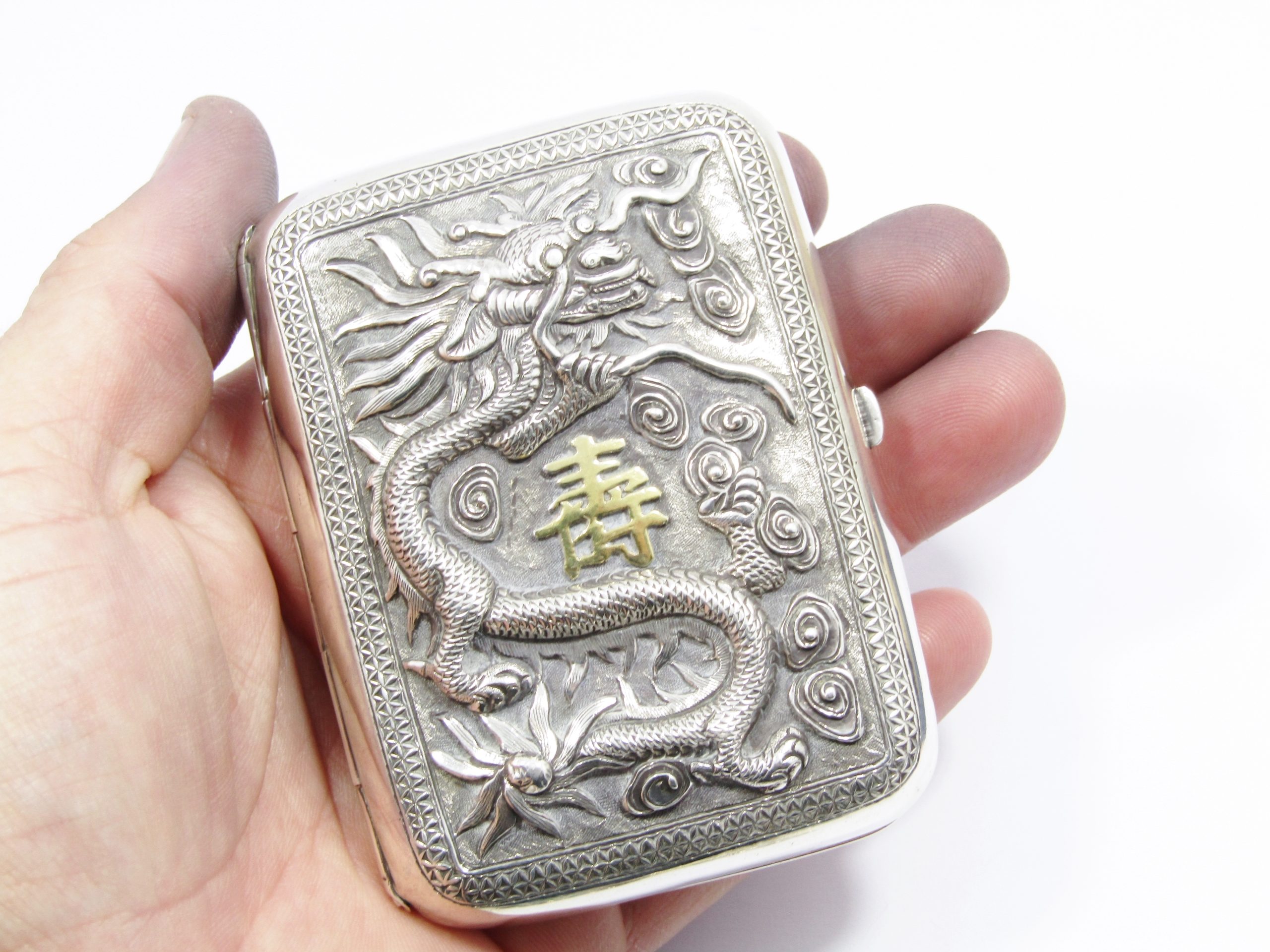 Stunning! Chinese Silver Repousse Dragon Cigarette Case