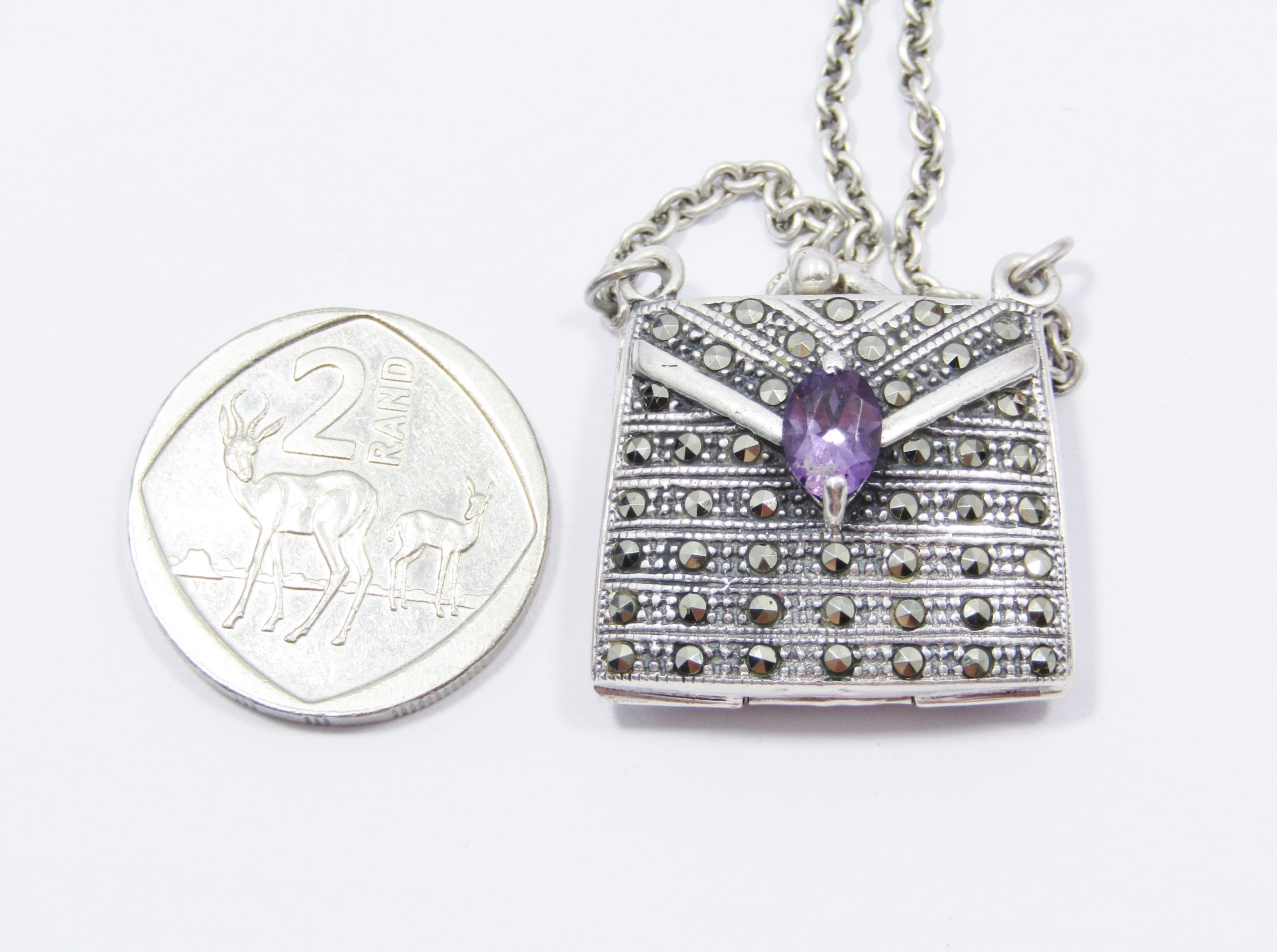 A Gorgeous Weighty Marcasite Handbag Pendant On Chain in Sterling Silver