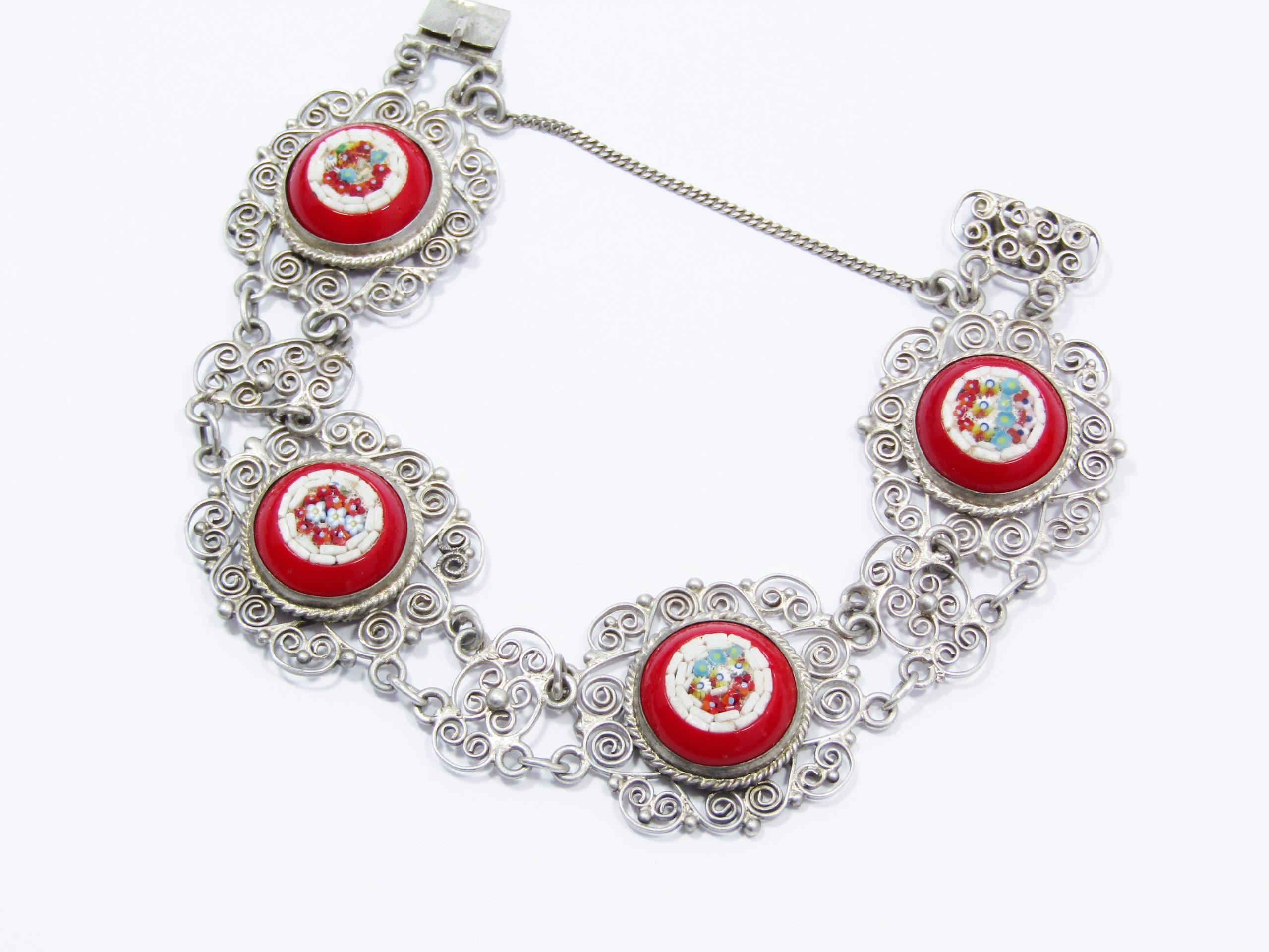 A Magnificent Detailed Filigree Micro Mosaic Bracelet in Sterling Silver