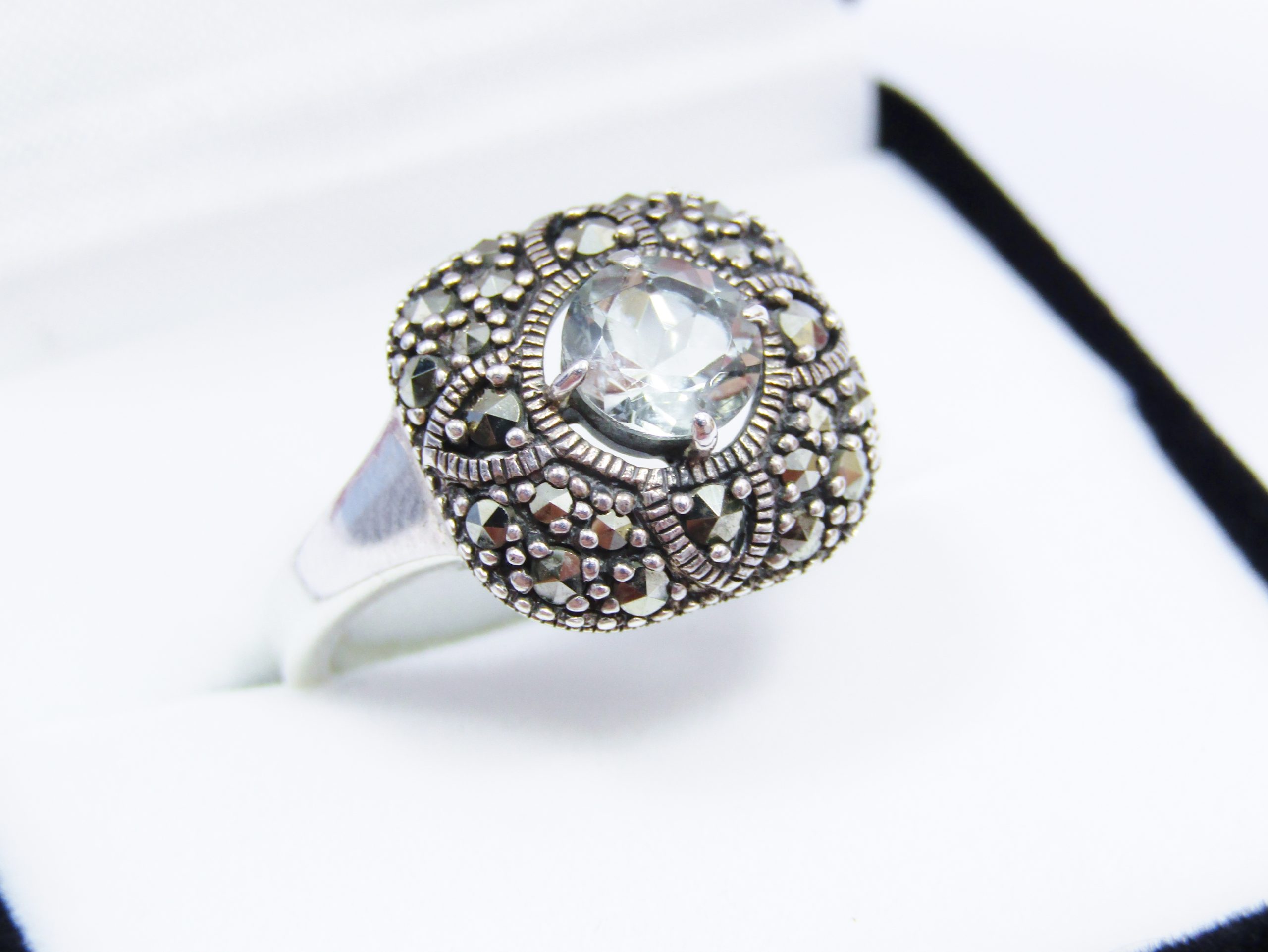 A Lovely Vintage Design Marcasite and Prasiolite Ring in Sterling Silver.