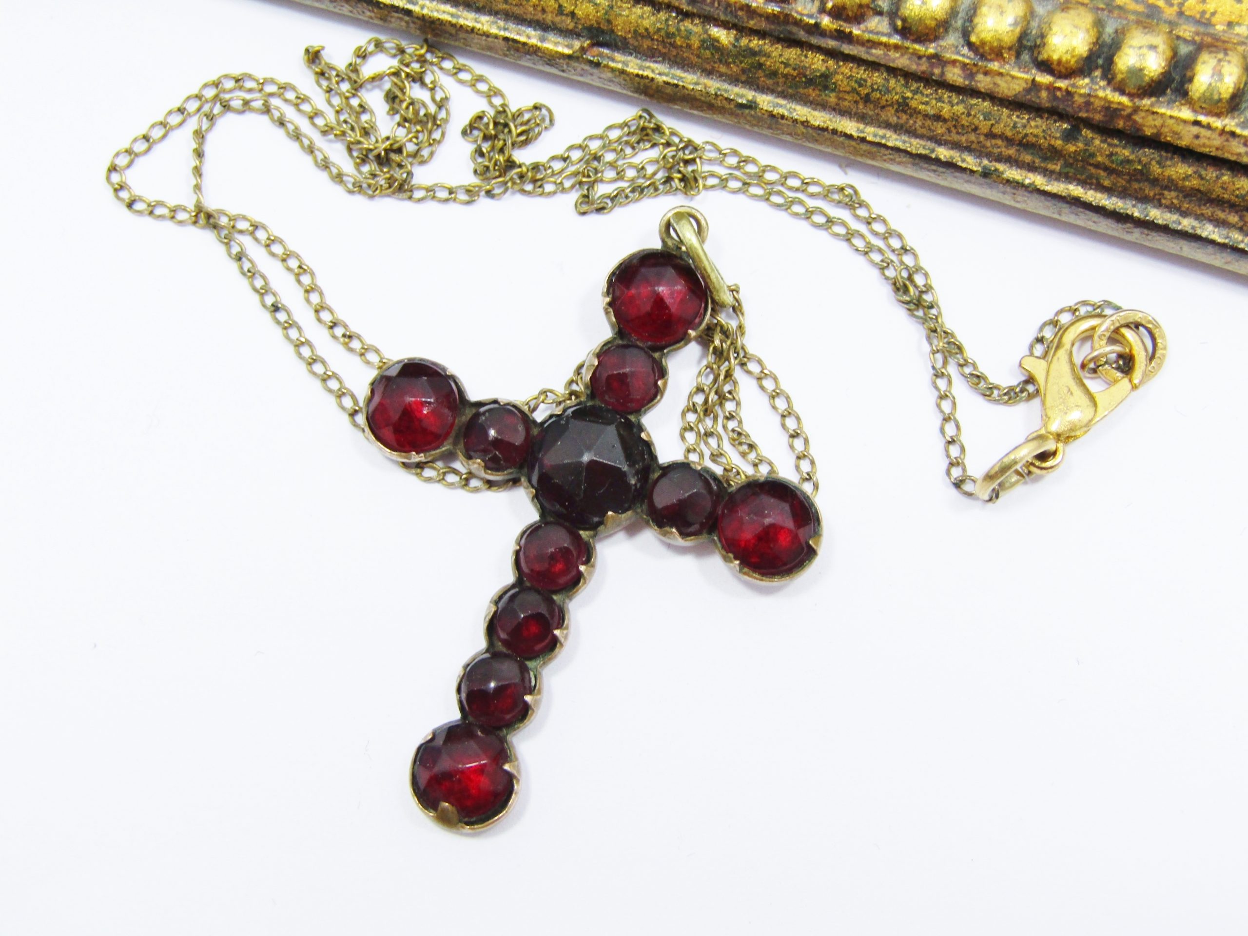 Beautiful Vintage Bohemian Garnet Glass Cross Necklace