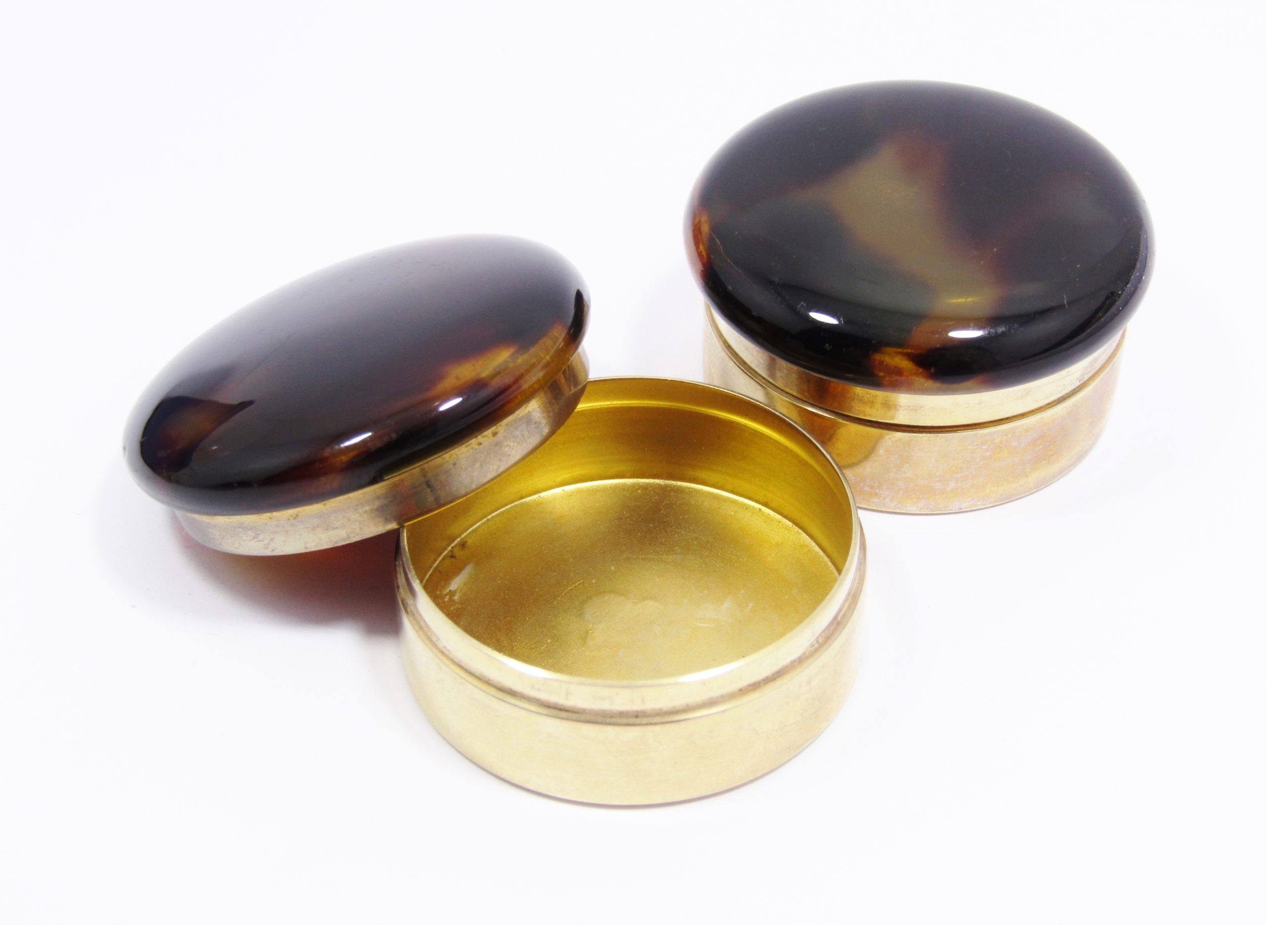 A Gorgeous Pair of Dressing Table Containers in a Gold Gilt over Sterling Silver With Tor tortoise Shell Lids