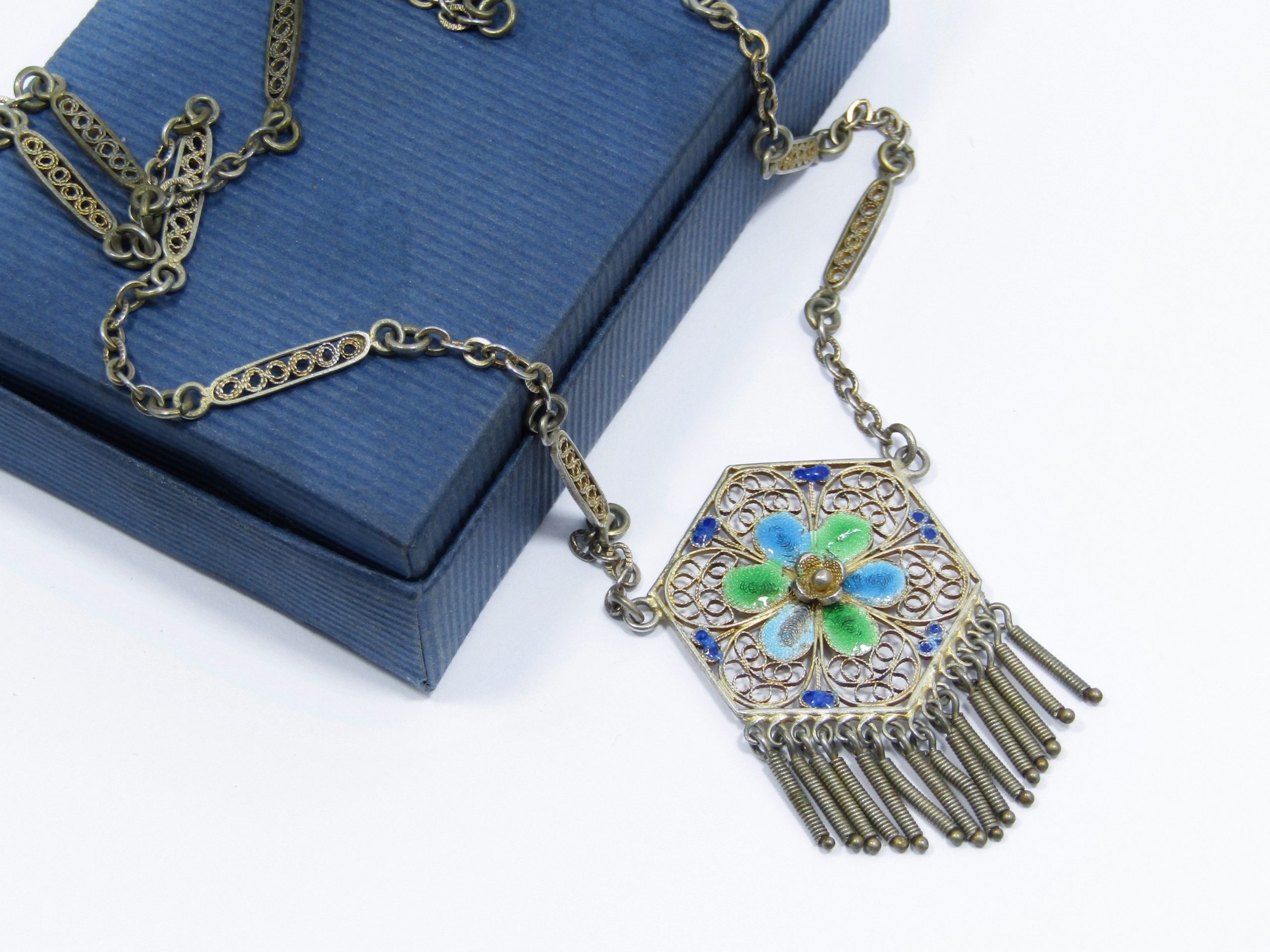 A stunning Gold Tone Filigree Pendant With a Lovely inlay in Portugal Silver