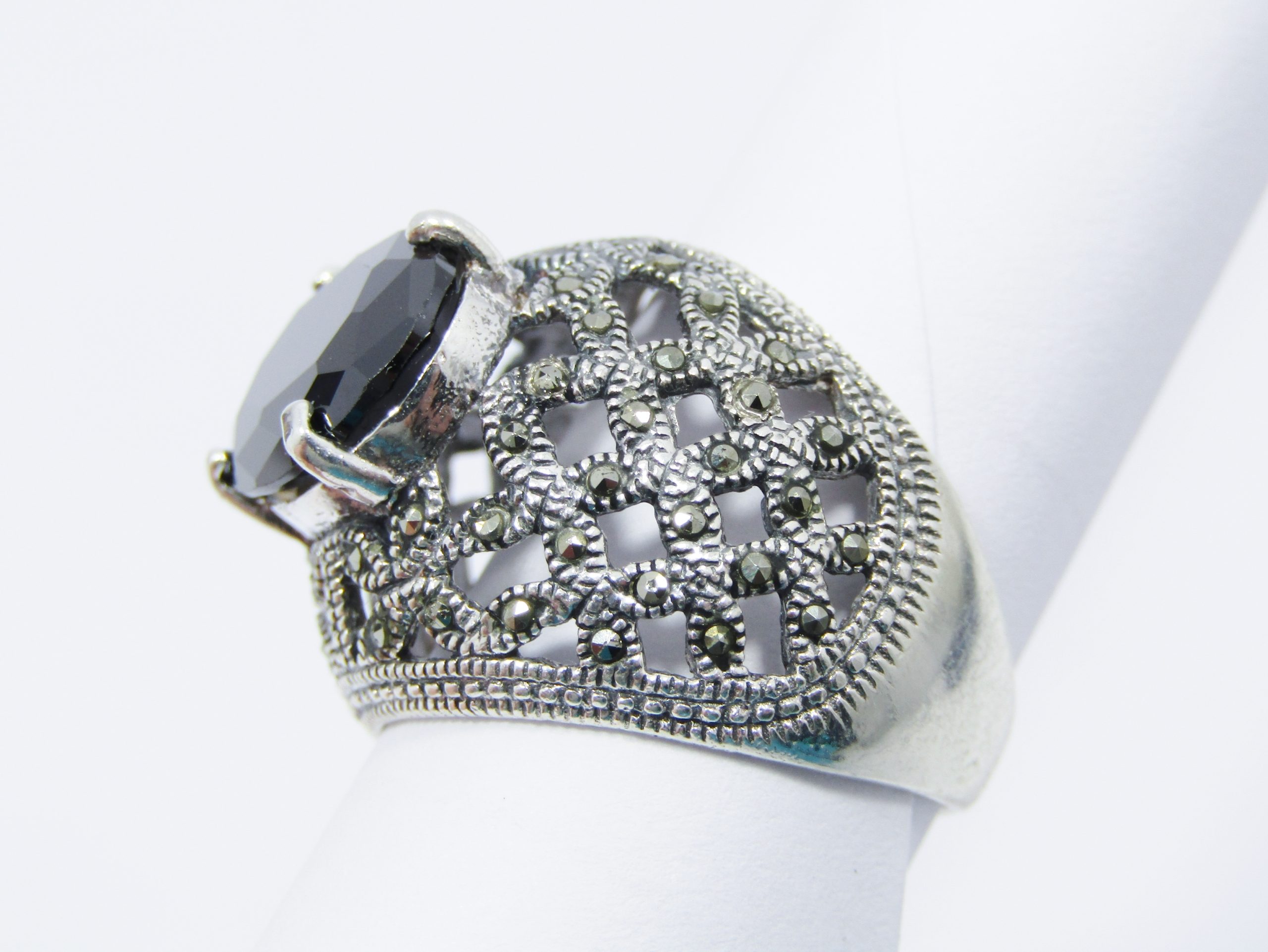 Filigree Basket Design Marcasite Ring With a Black Stone in Sterling Silver