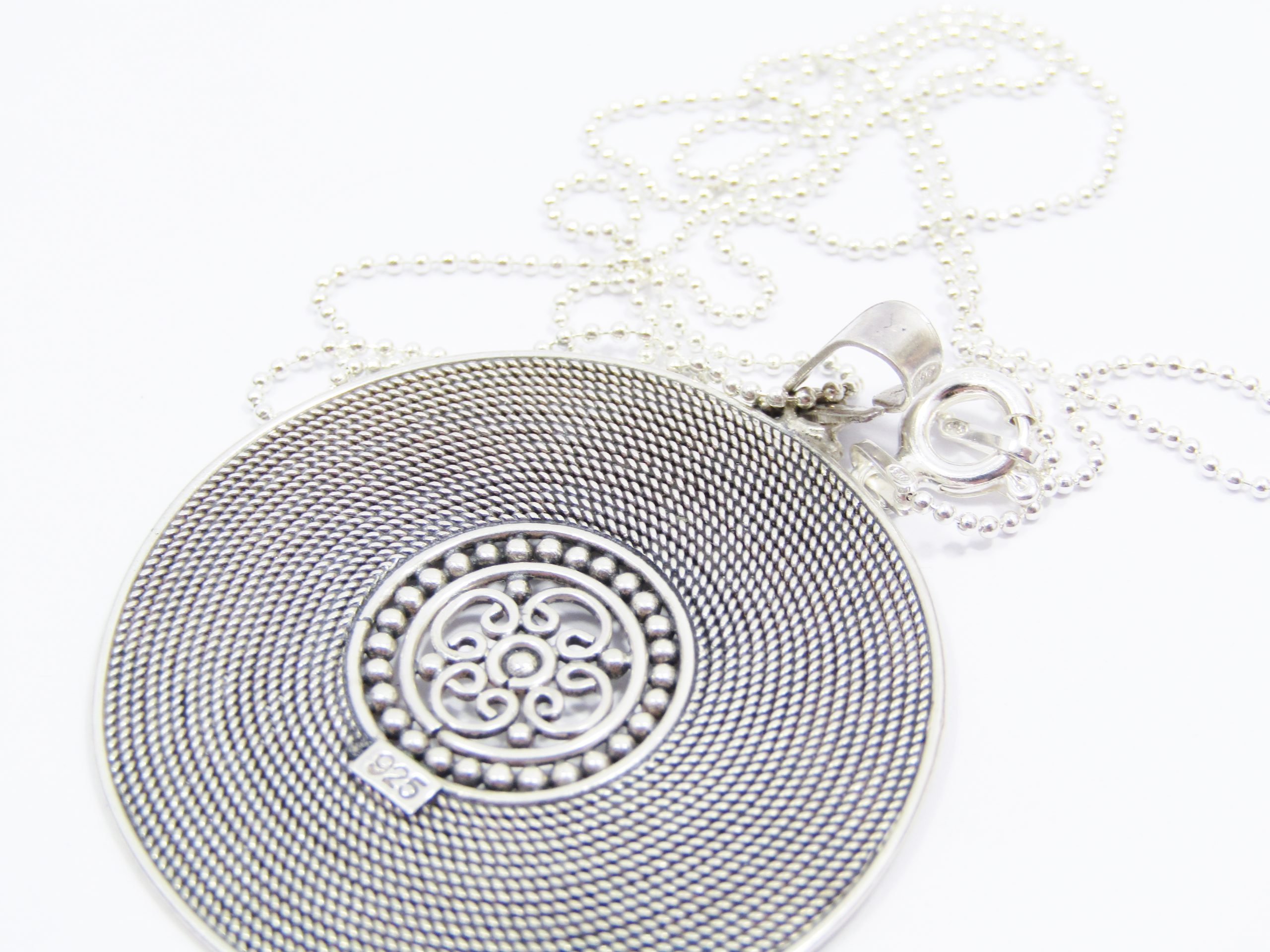 A Stunning Large Disc Design Pendant on Chain in Sterling Silver.