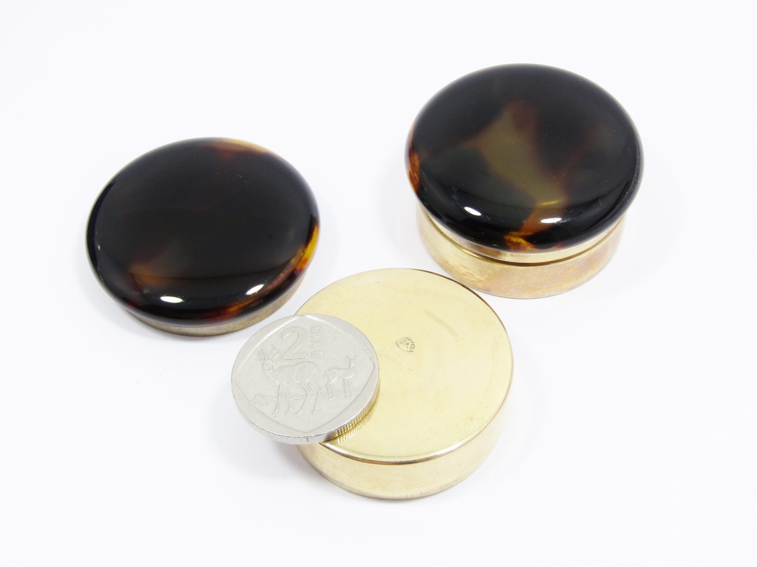 A Gorgeous Pair of Dressing Table Containers in a Gold Gilt over Sterling Silver With Tor tortoise Shell Lids