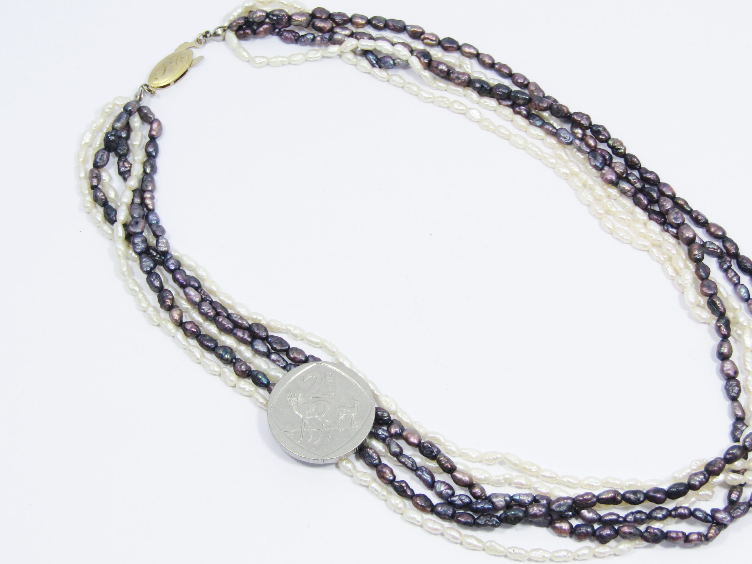 A Gorgeous Multi String Rice Pearl Necklace With a Vintage Rolled Gold Clasp