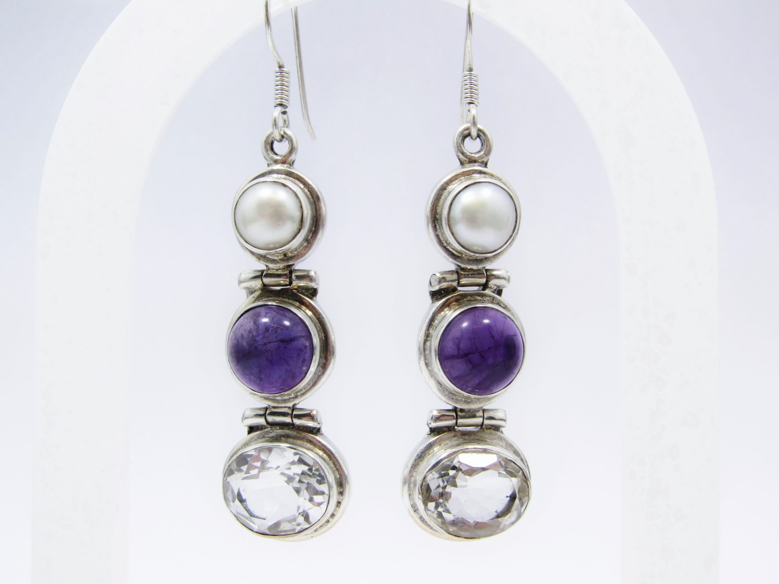 Beautiful Pair of Pearls and Gemstone Dangling Earrings in Sterling Silver