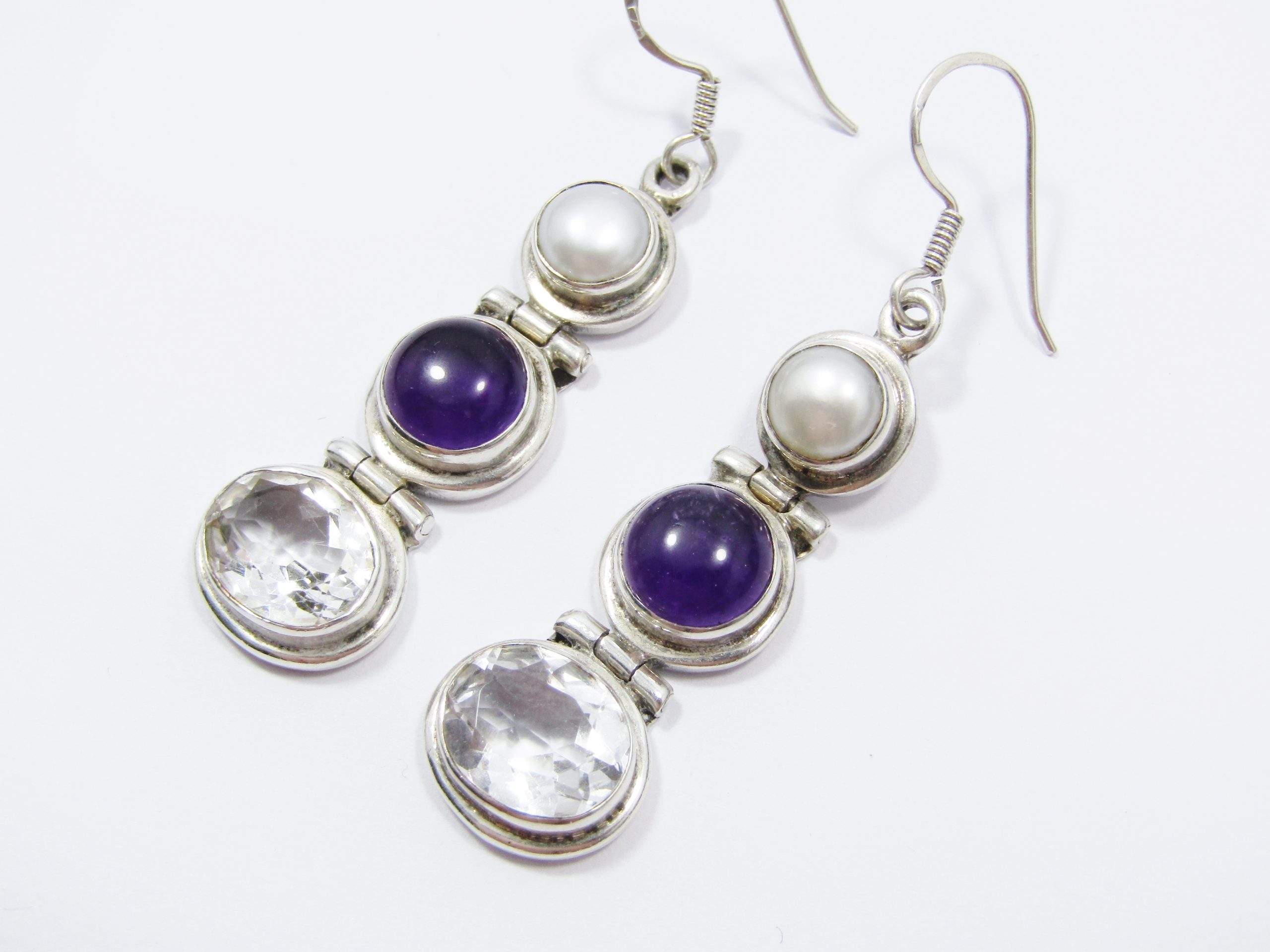 Beautiful Pair of Pearls and Gemstone Dangling Earrings in Sterling Silver