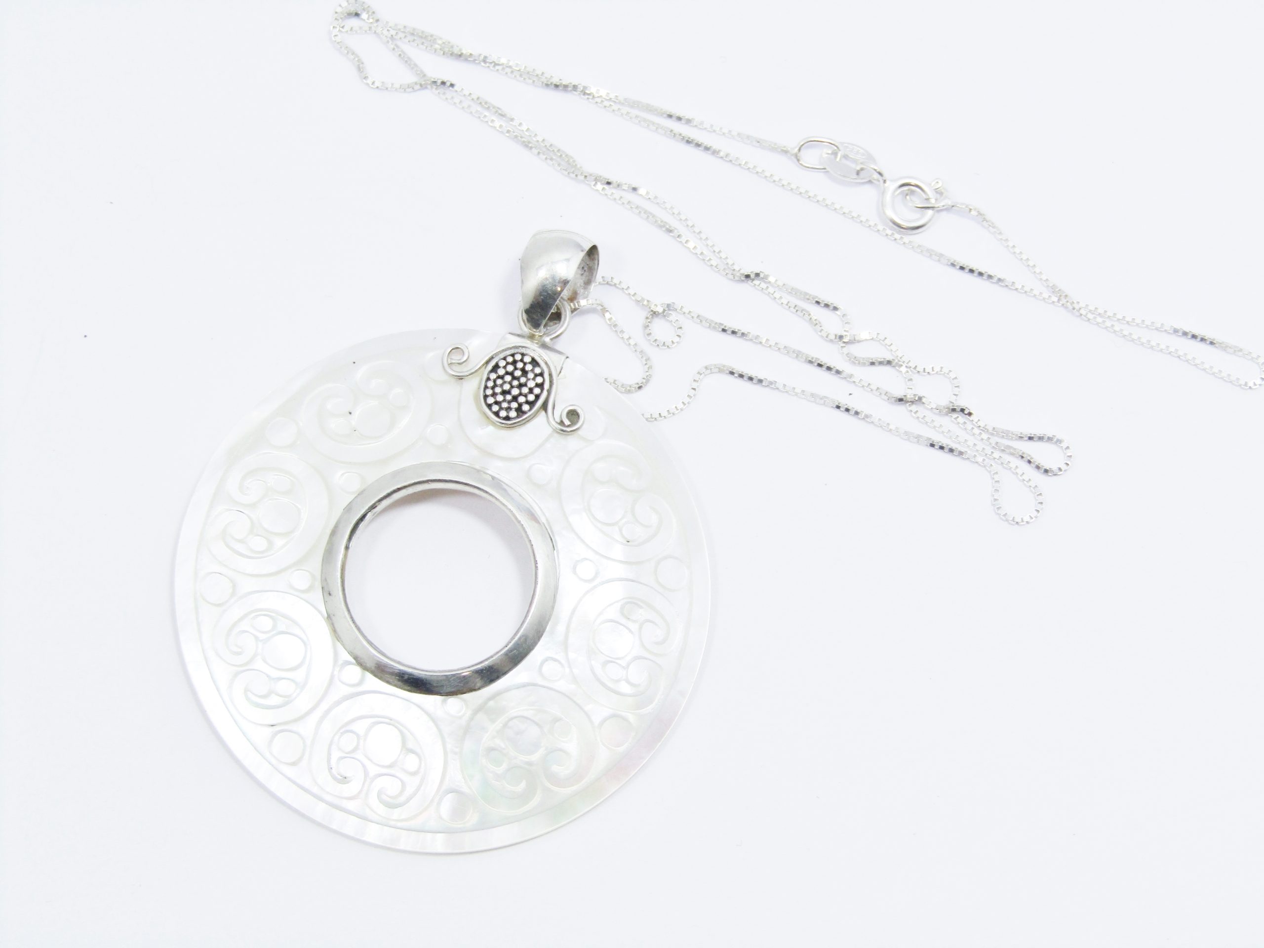 A Lovely Large Mother of Pearl Pendant on Chain in Sterling Silver