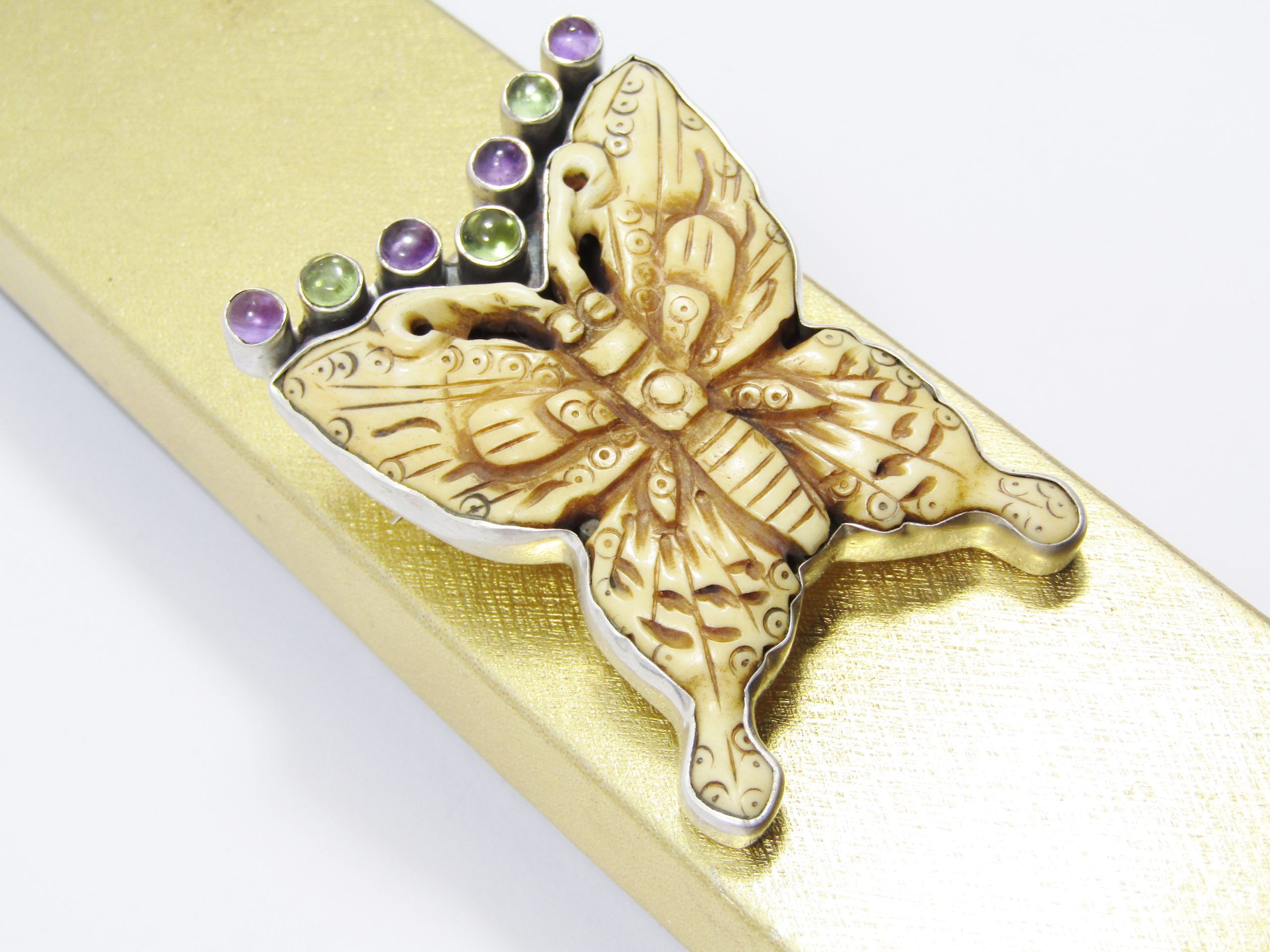 A Lovely Large Butterfly Carved out of Stone With Amethyst and Peridot Pendant/Brooch