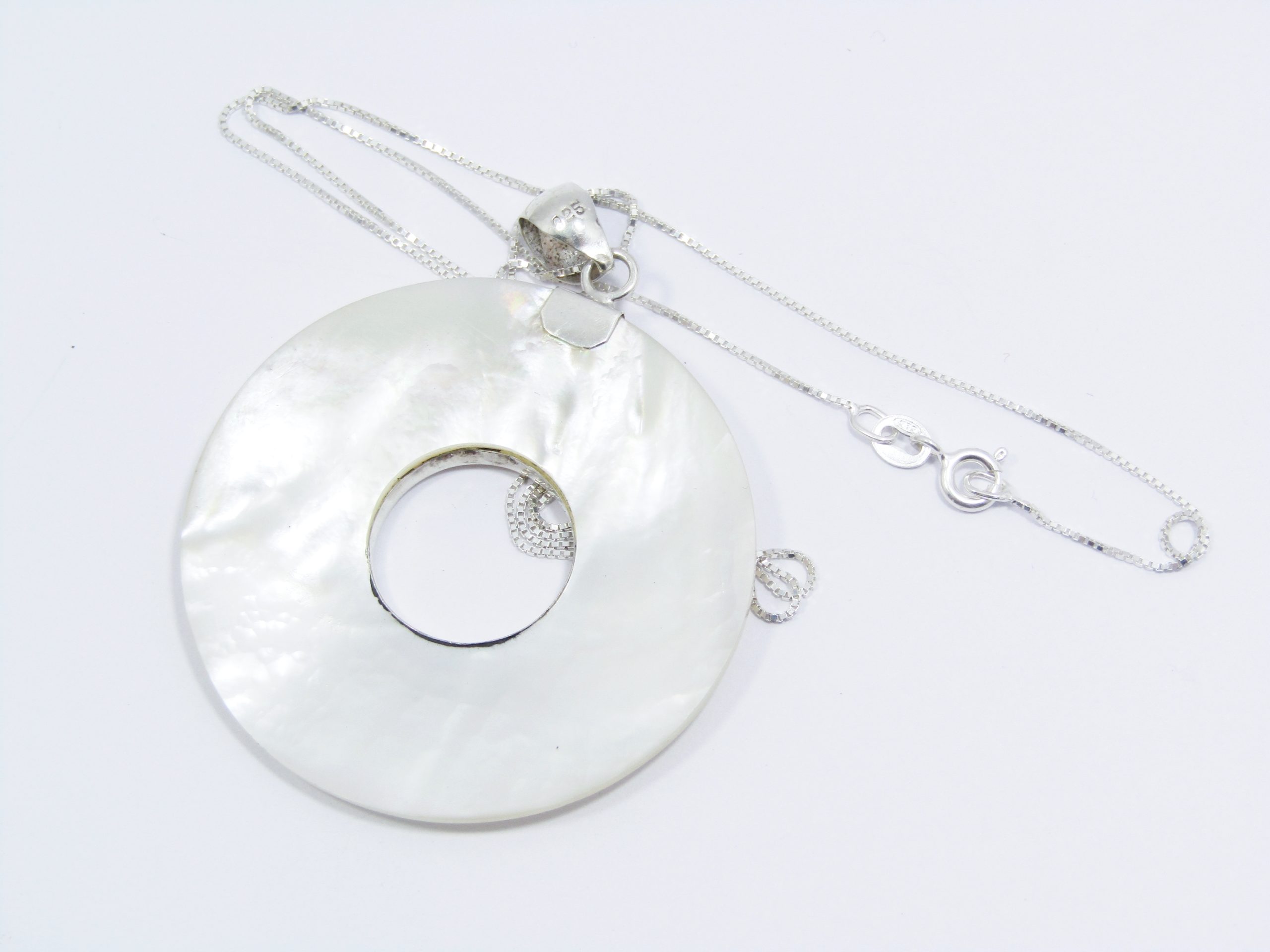 A Lovely Large Mother of Pearl Pendant on Chain in Sterling Silver
