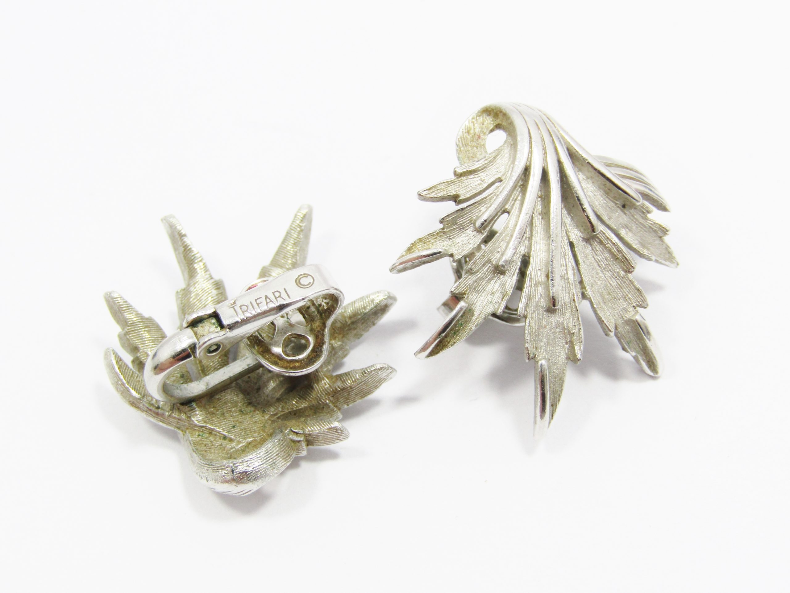 A Beautiful Pair of Trifari Design Clip on Earrings in a Silver Tone