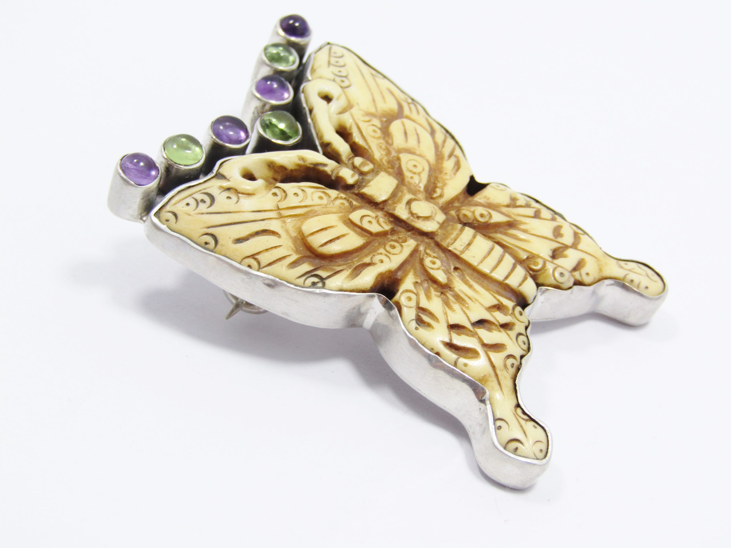 A Lovely Large Butterfly Carved out of Stone With Amethyst and Peridot Pendant/Brooch