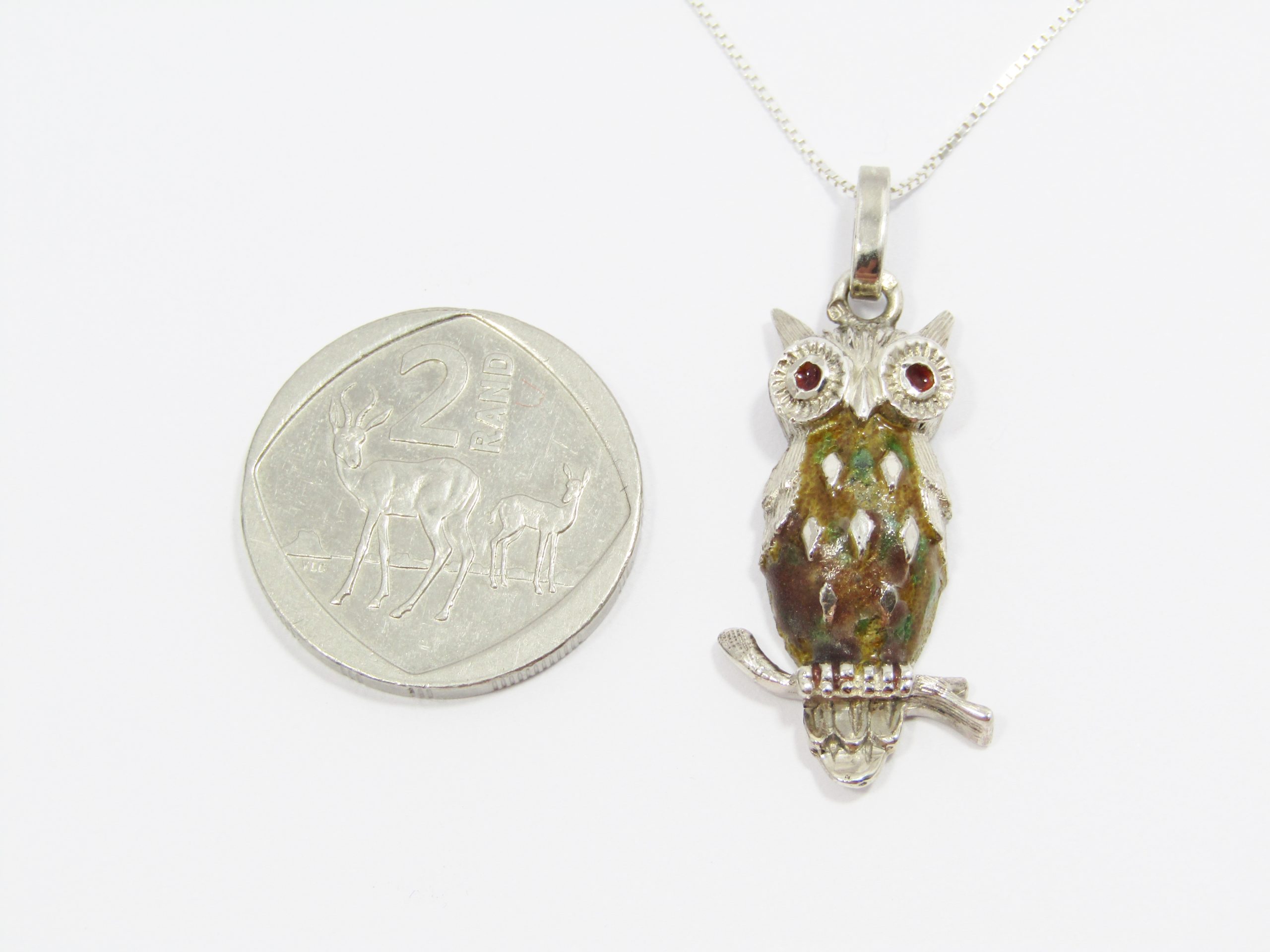 A Lovely Large Enamel Owl Pendant On Chain in Sterling Silver