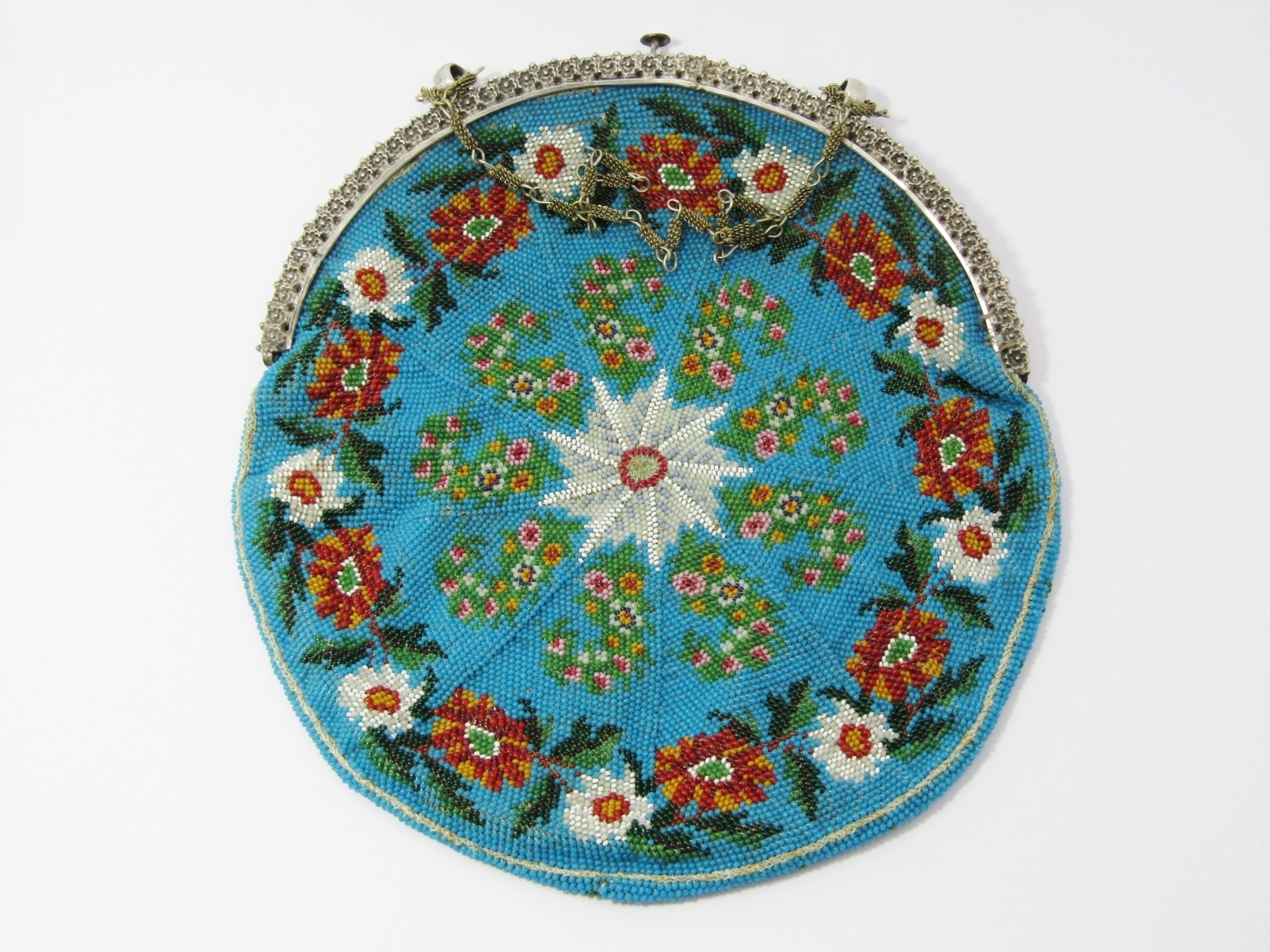 Beautiful Antique Finely Beaded Round Purse with Chain