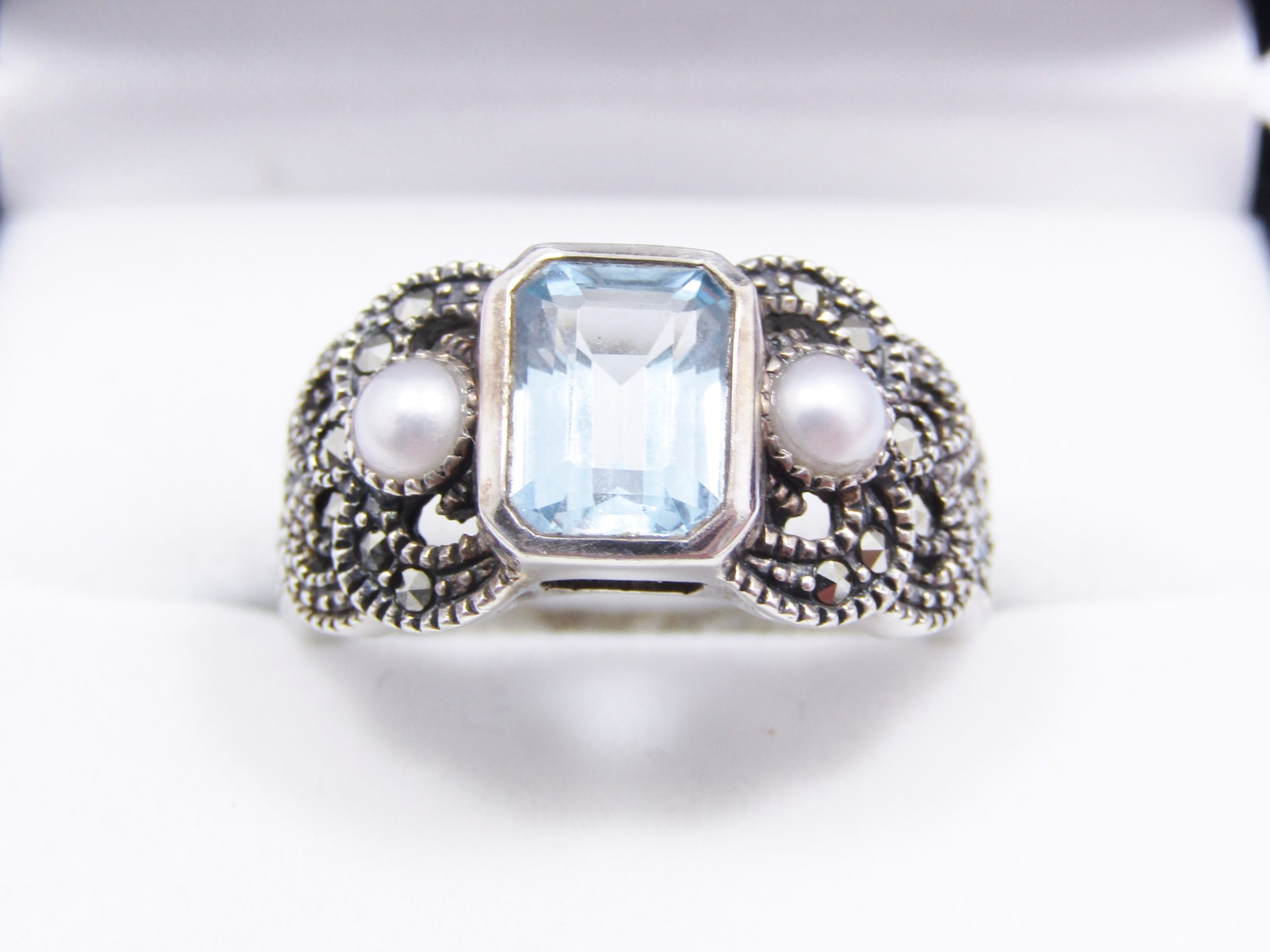 A Gorgeous Blue Topaz Ring With Seed Pearls ring in Sterling Silver