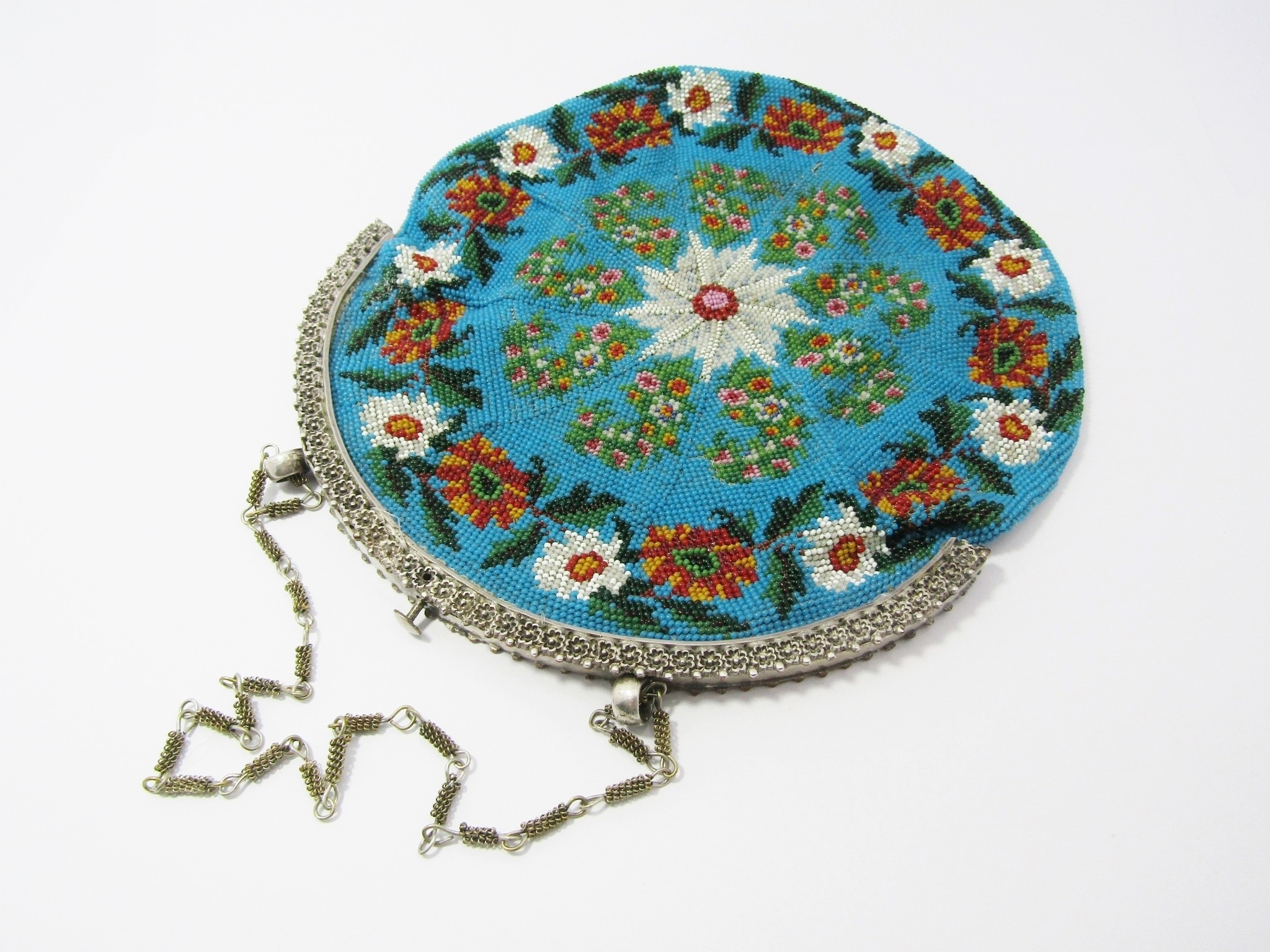 Beautiful Antique Finely Beaded Round Purse with Chain