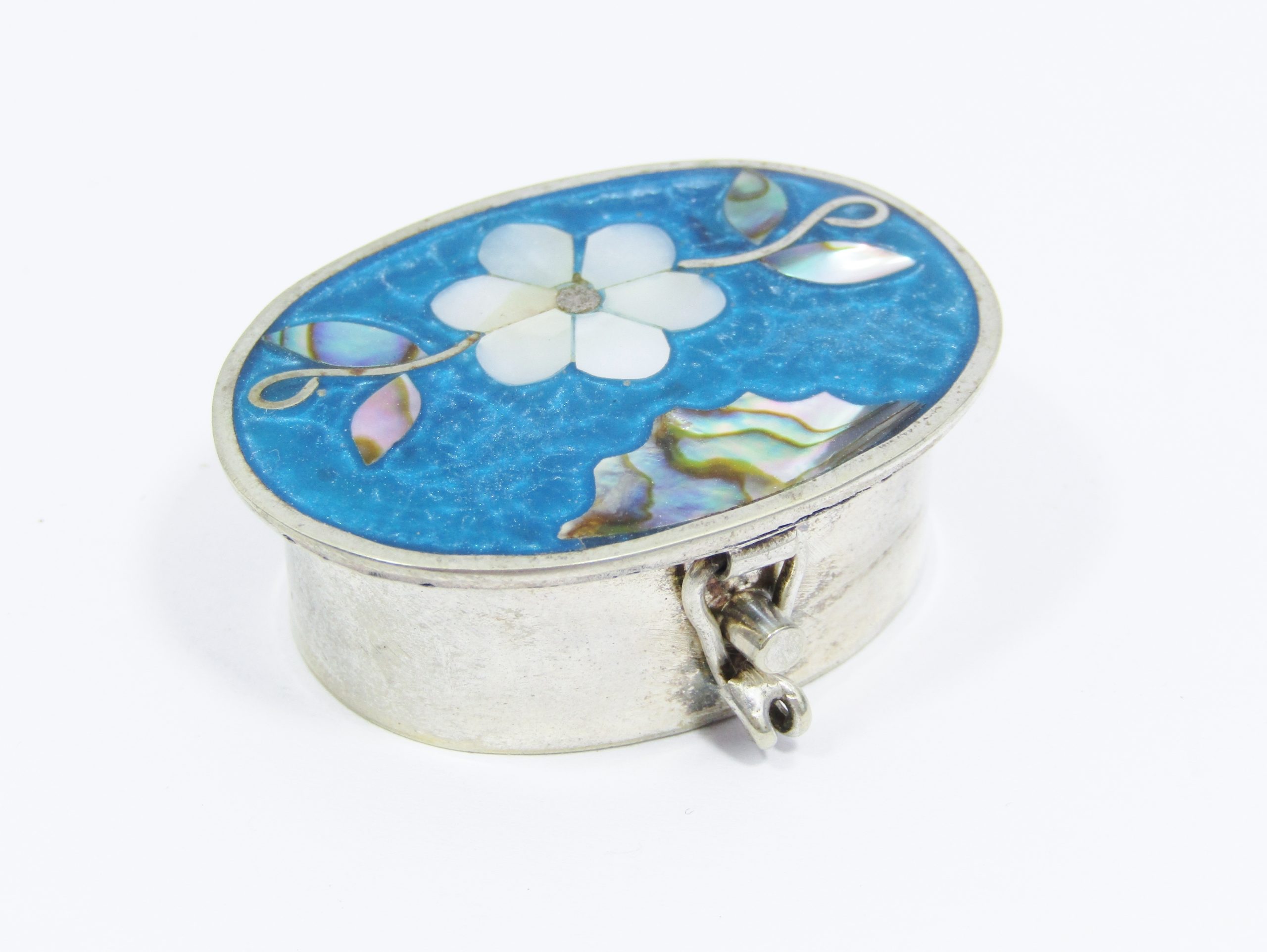 A Beautiful Silver Tone Enamel Pill Box