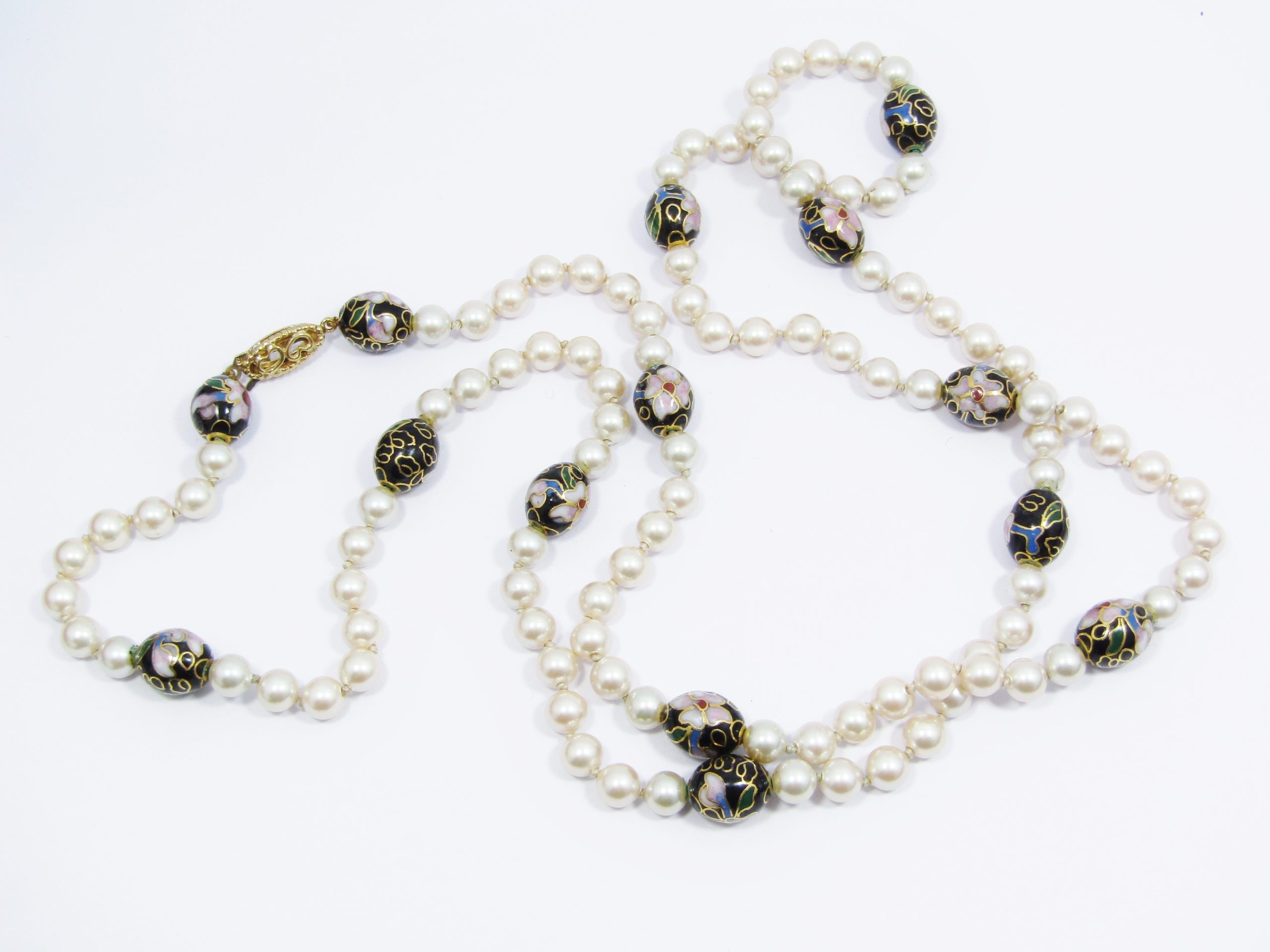 A Stunning Long String of Vintage Faux Pearls Dotted with Cloisonne Beads