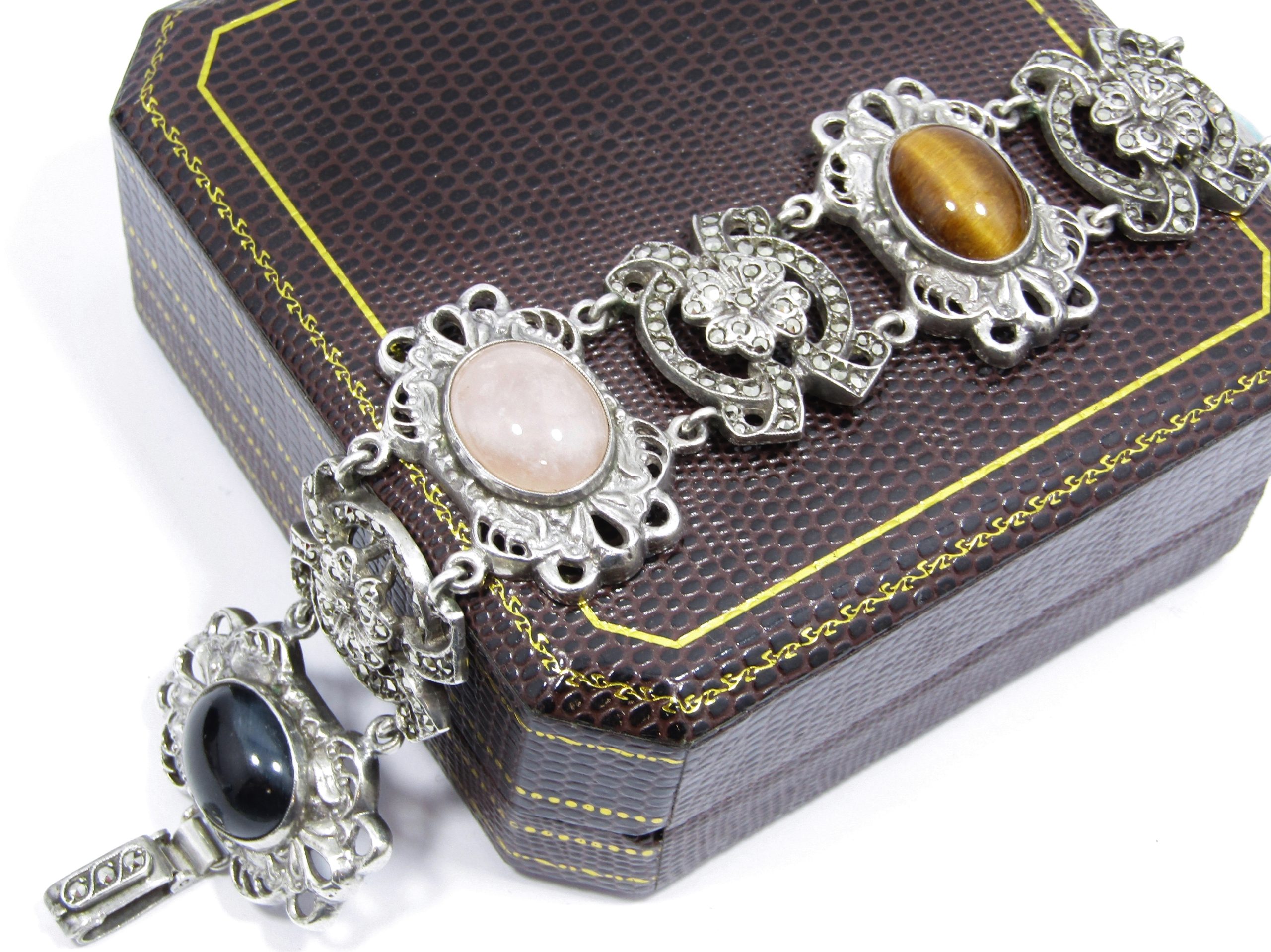 A Spectacular Vintage  Chunky Marcasite and Gemstone Bracelet in Sterling Silver