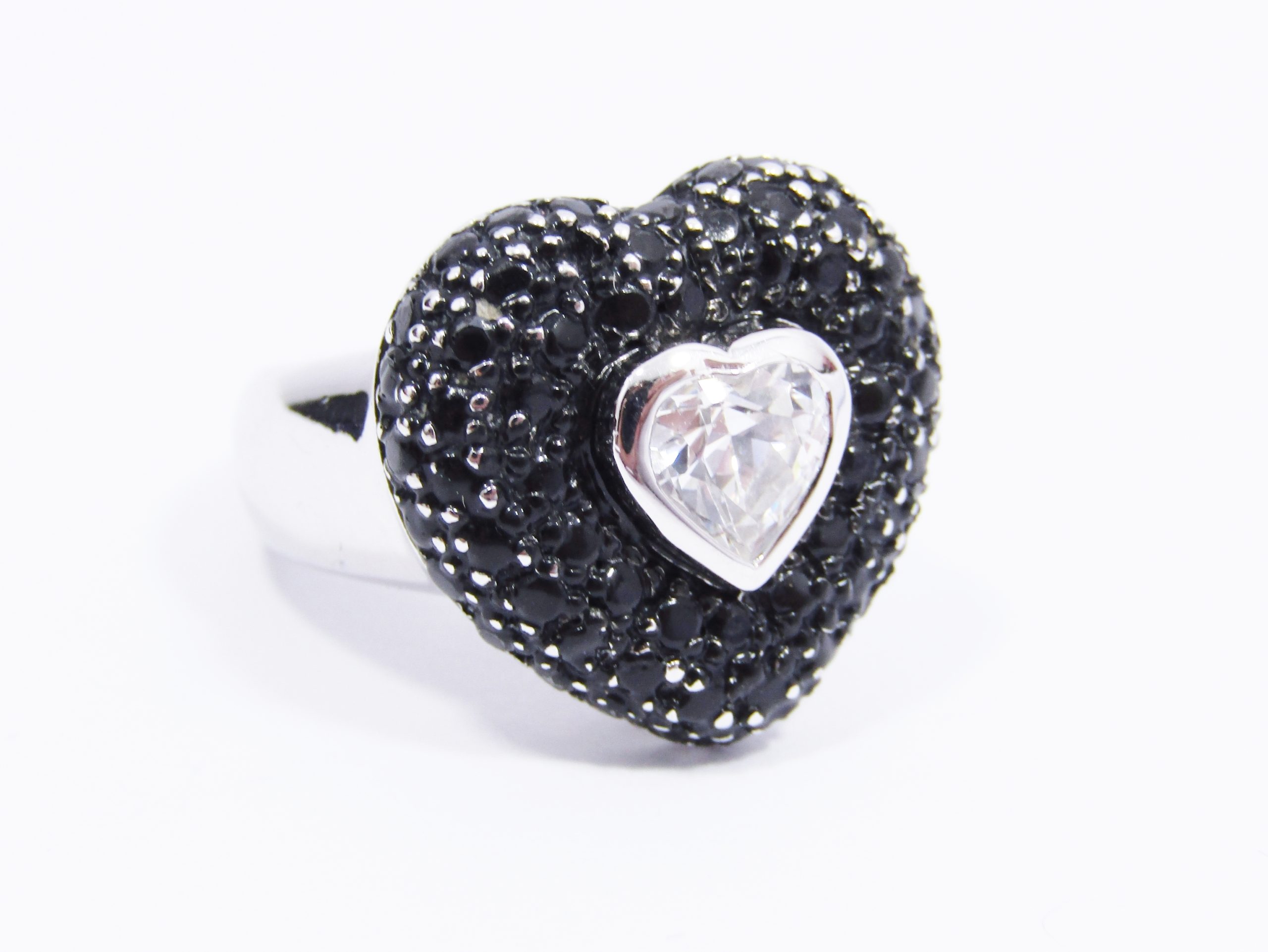 A Stunning Black  Enamel and Clear Zirconia Heart Ring in Sterling Silver