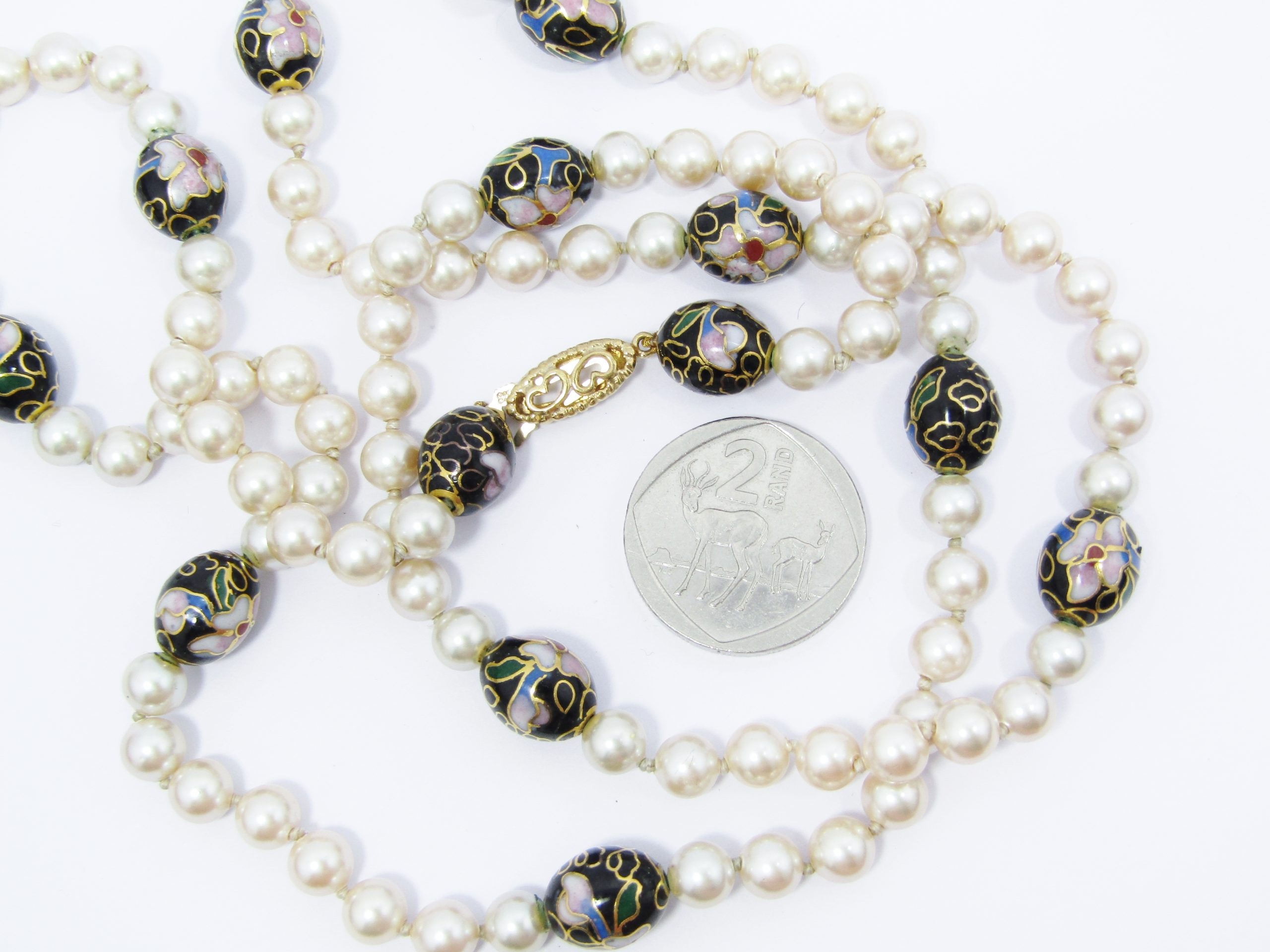 A Stunning Long String of Vintage Faux Pearls Dotted with Cloisonne Beads