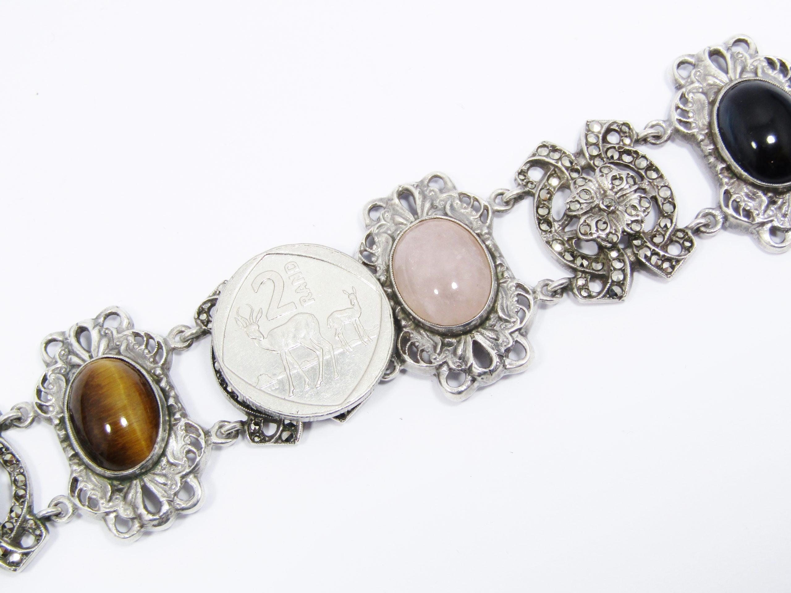 A Spectacular Vintage  Chunky Marcasite and Gemstone Bracelet in Sterling Silver