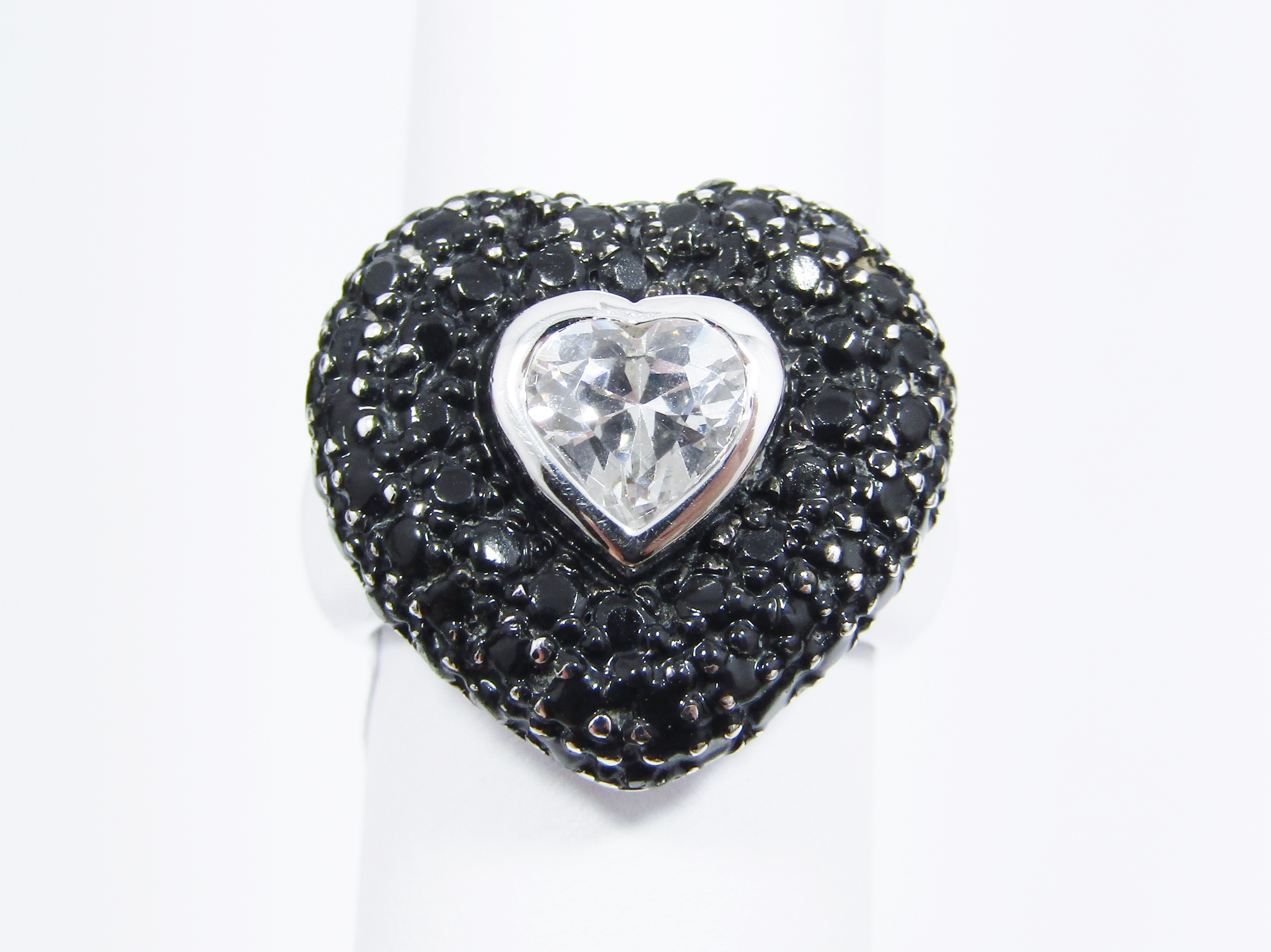 A Stunning Black  Enamel and Clear Zirconia Heart Ring in Sterling Silver