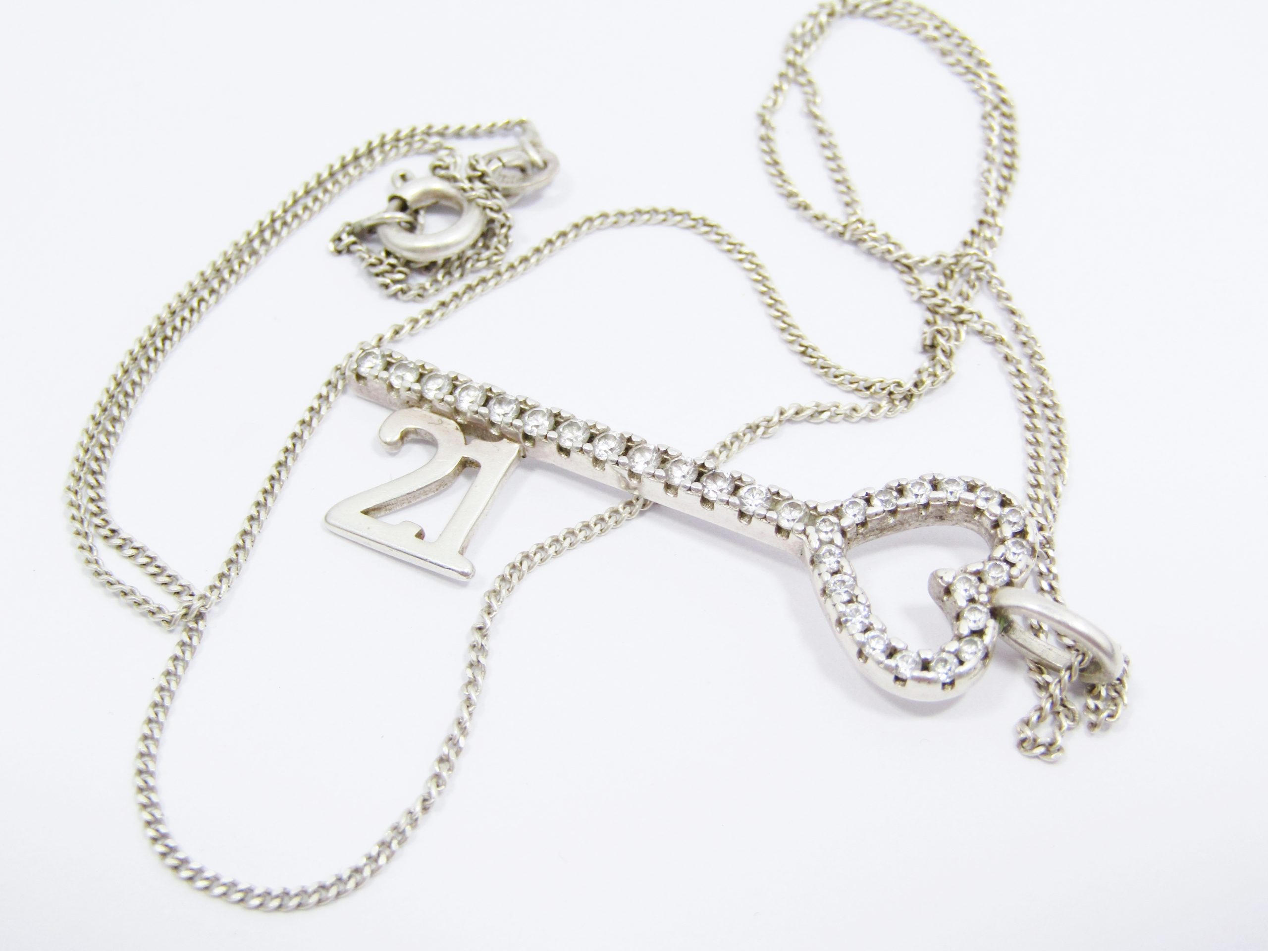 A Very Pretty 21st Key Pendant Encrusted With Zirconia on Chain in Sterling Silver