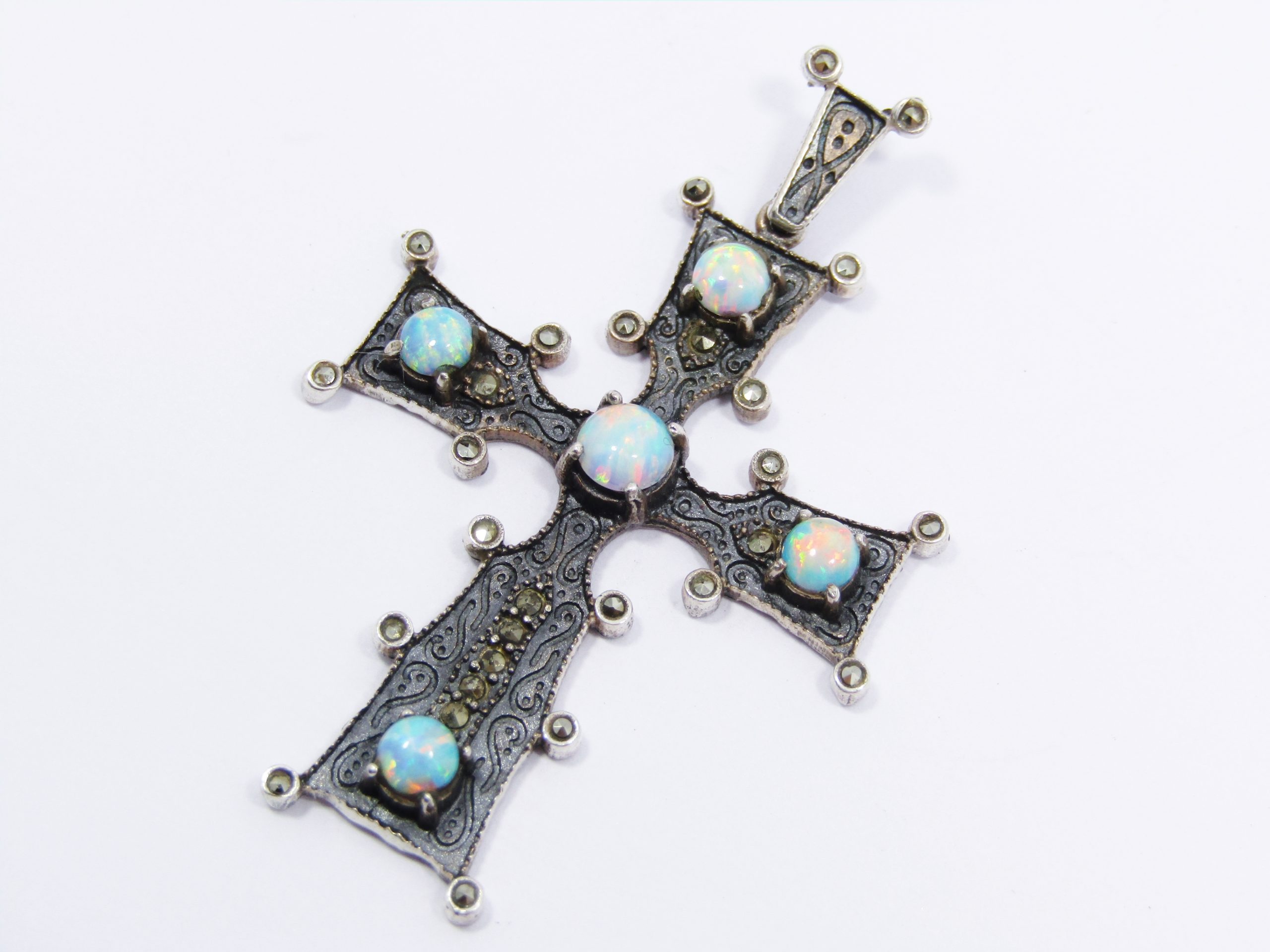 Beautiful Sterling Silver Cross Pendant with Faux Opals