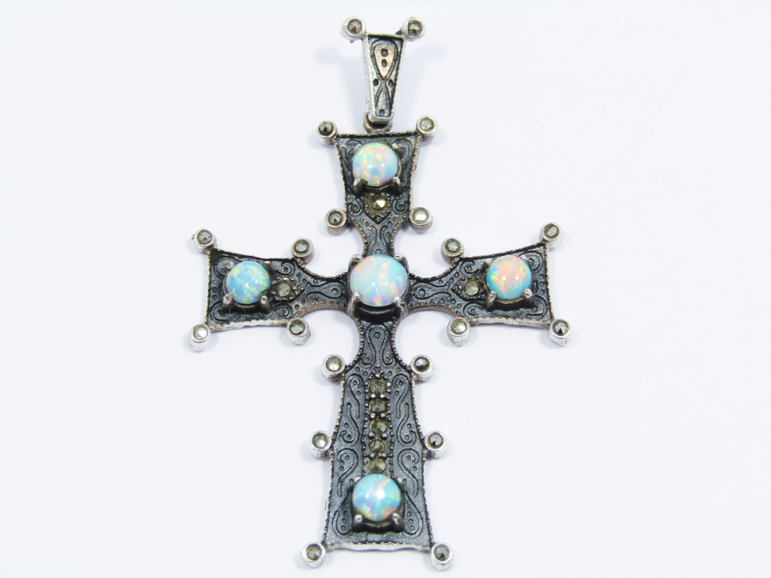 Beautiful Sterling Silver Cross Pendant with Faux Opals