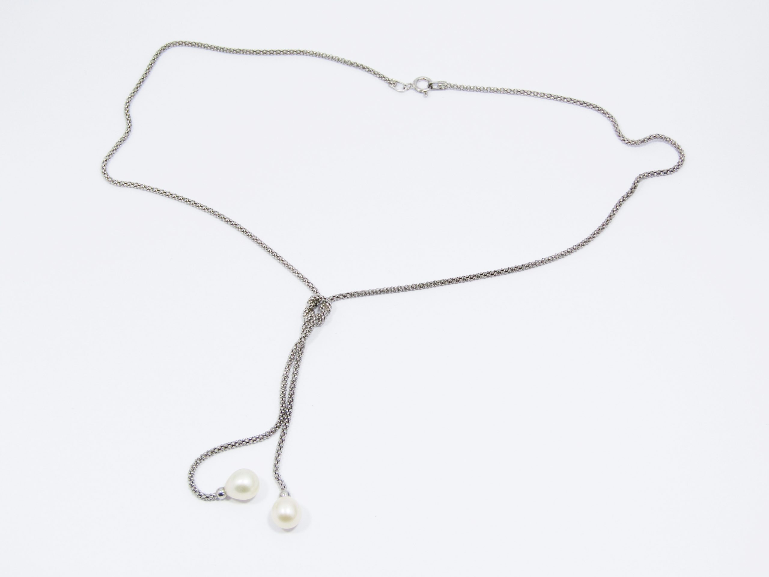 A Beautiful Long Popcorn Chain with Two Dangling Fresh Water Pearls Necklace in Sterling Silver