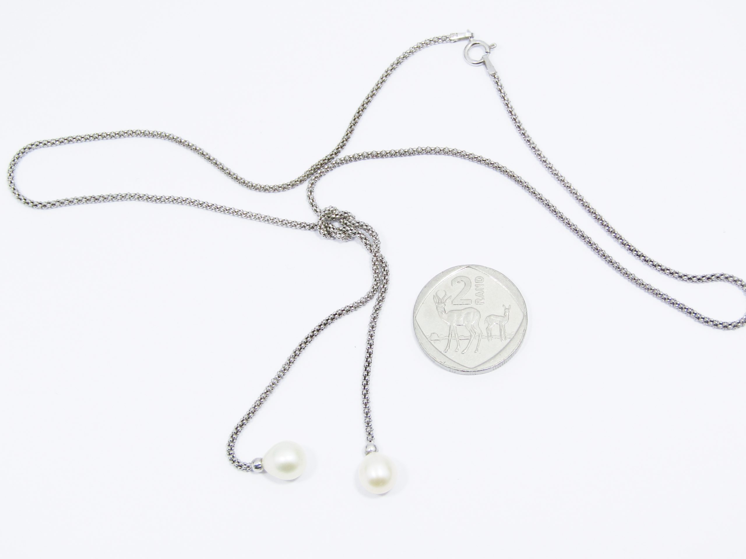 A Beautiful Long Popcorn Chain with Two Dangling Fresh Water Pearls Necklace in Sterling Silver