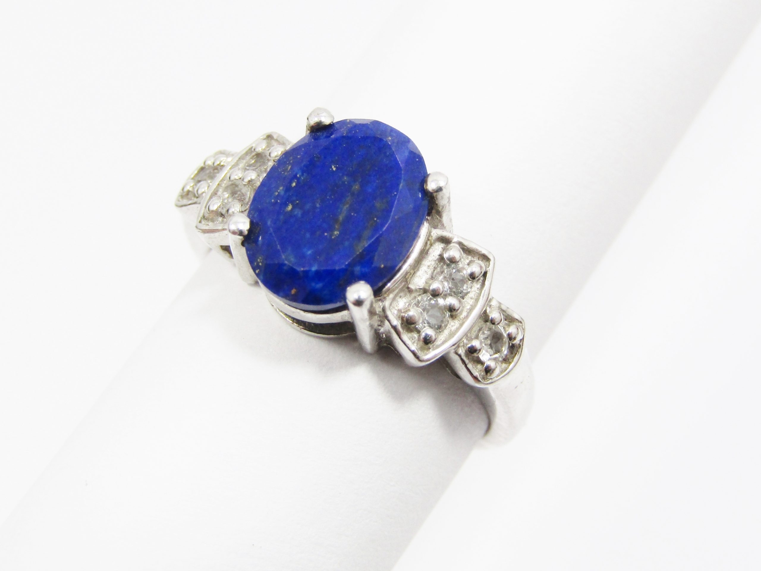 A Lovely Lapis Lazuli Ring Set With Tiny Zirconia's in Sterling Silve