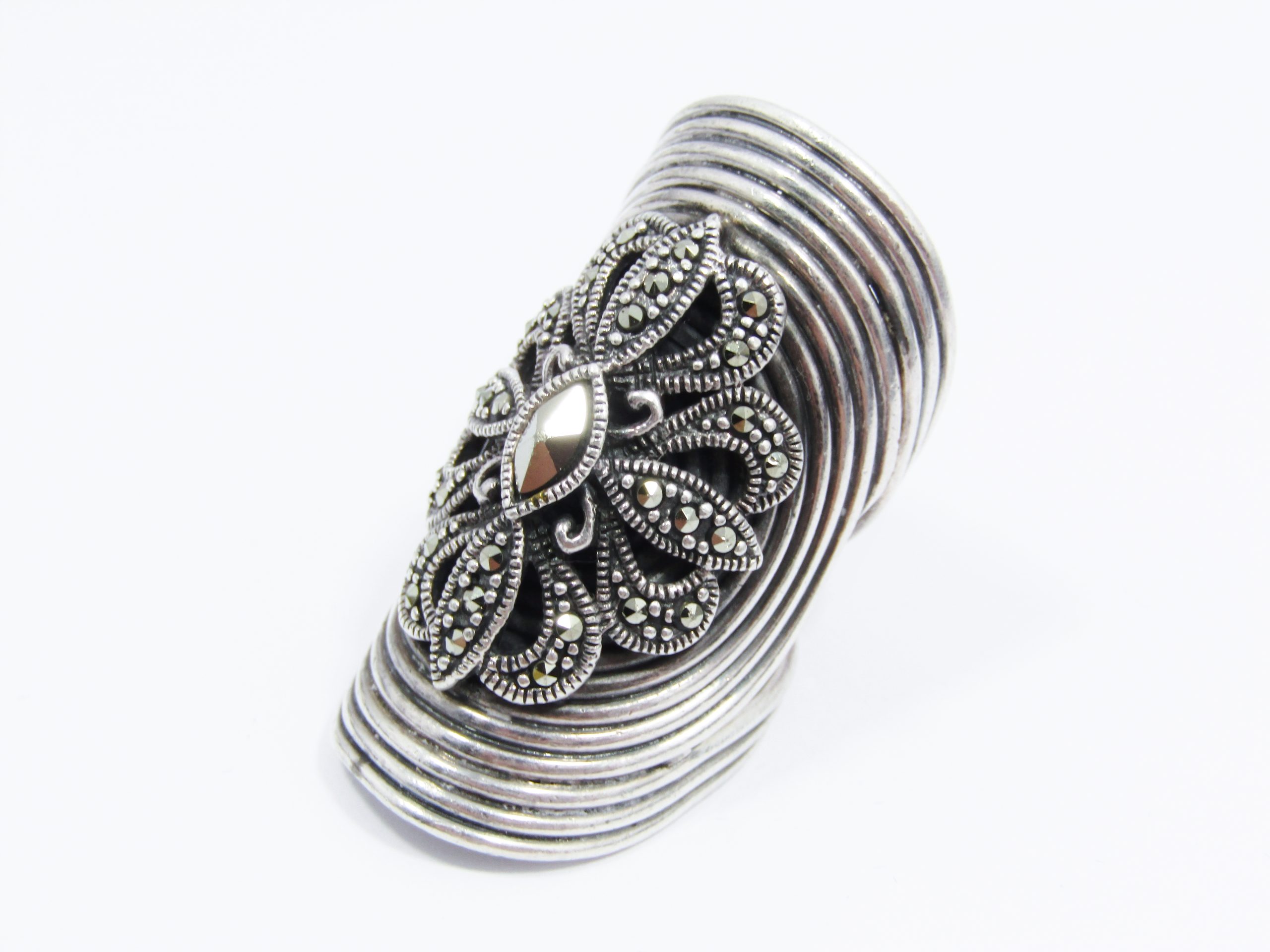 A Gorgeous Chunky Marcasite and Hematite Flower Ring in Sterling Silver.