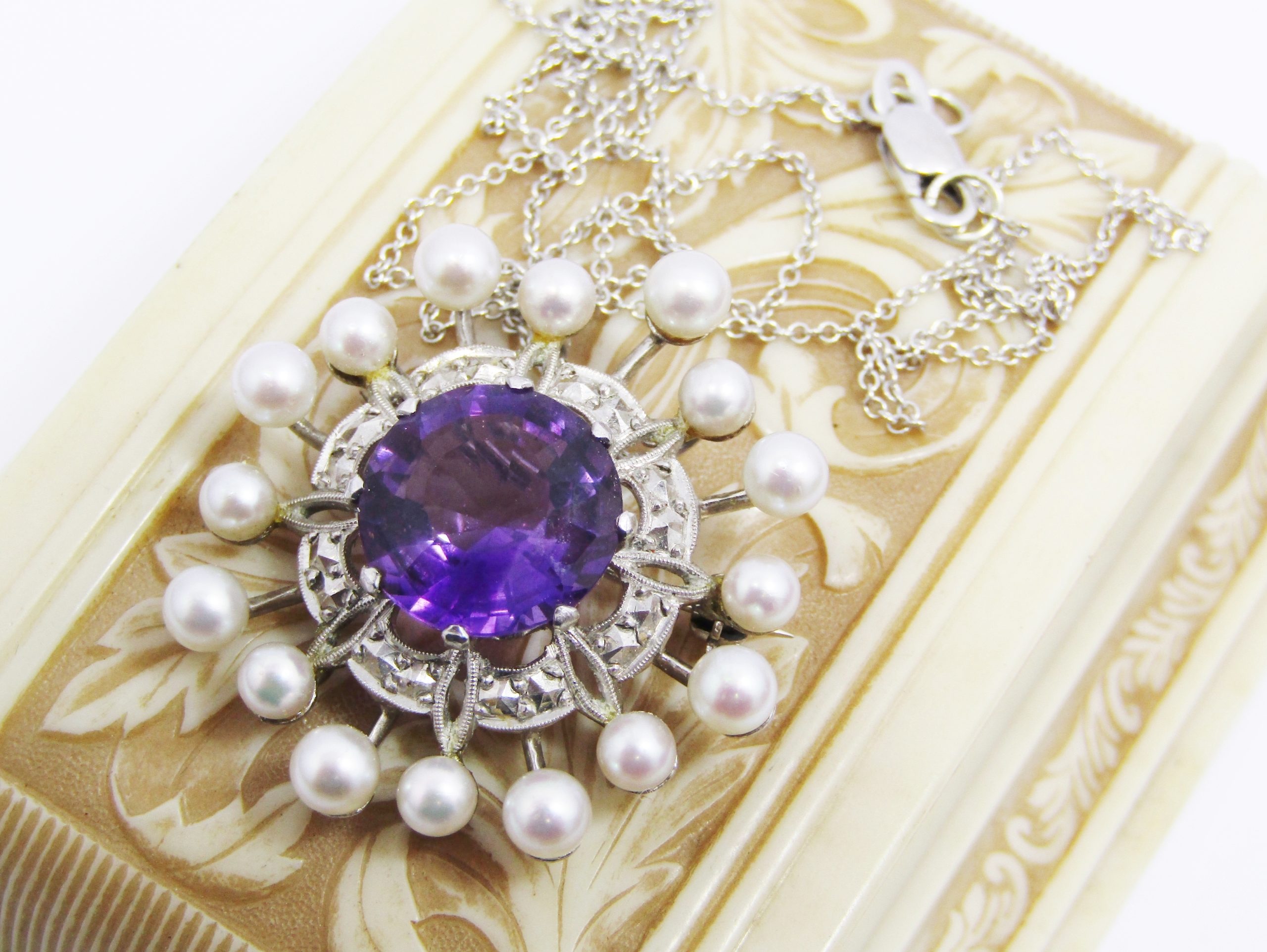 Exquisite! Antique 15ct Gold, Amethyst & Pearl Pendant on Chain
