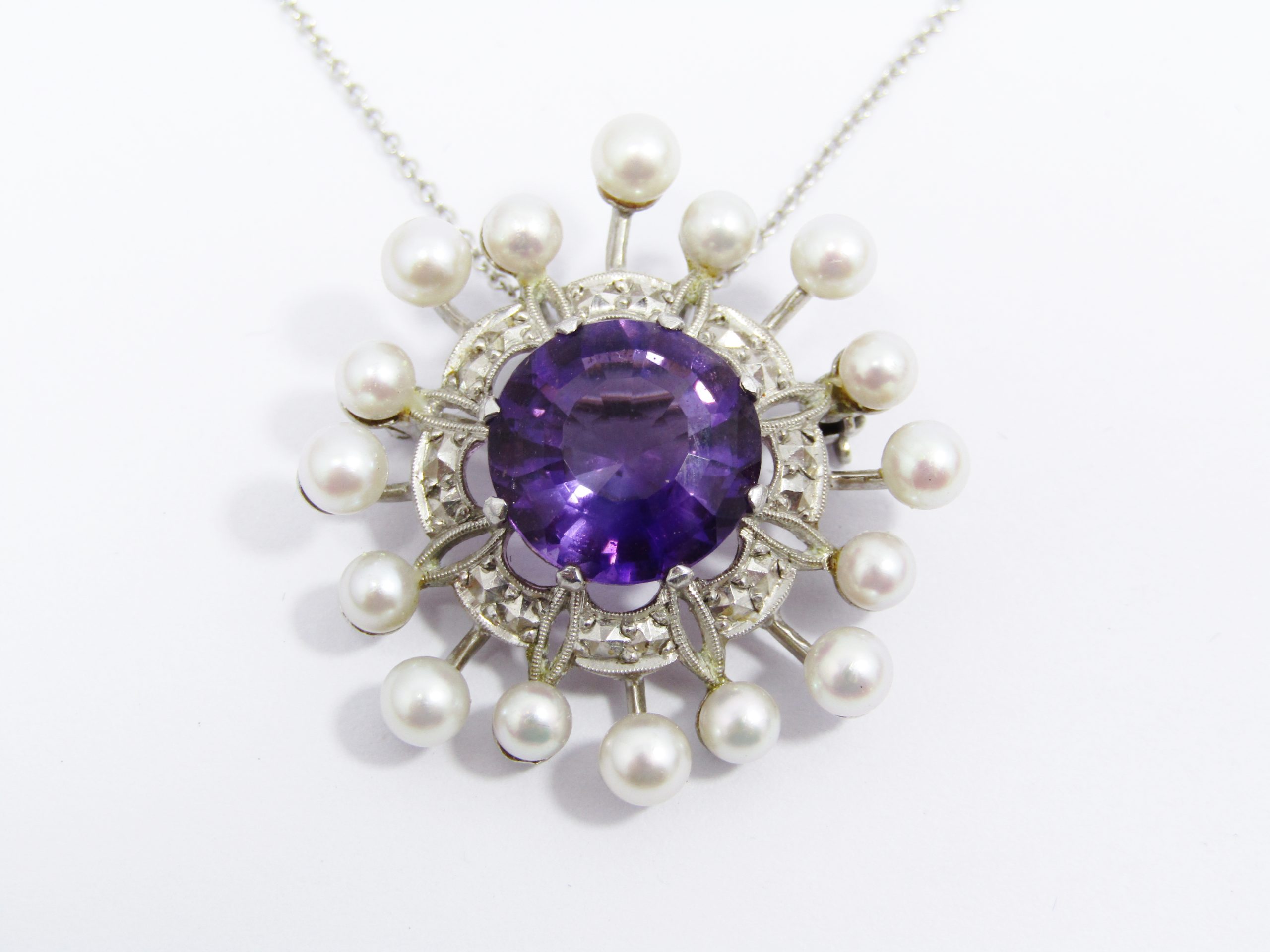 Exquisite! Antique 15ct Gold, Amethyst & Pearl Pendant on Chain