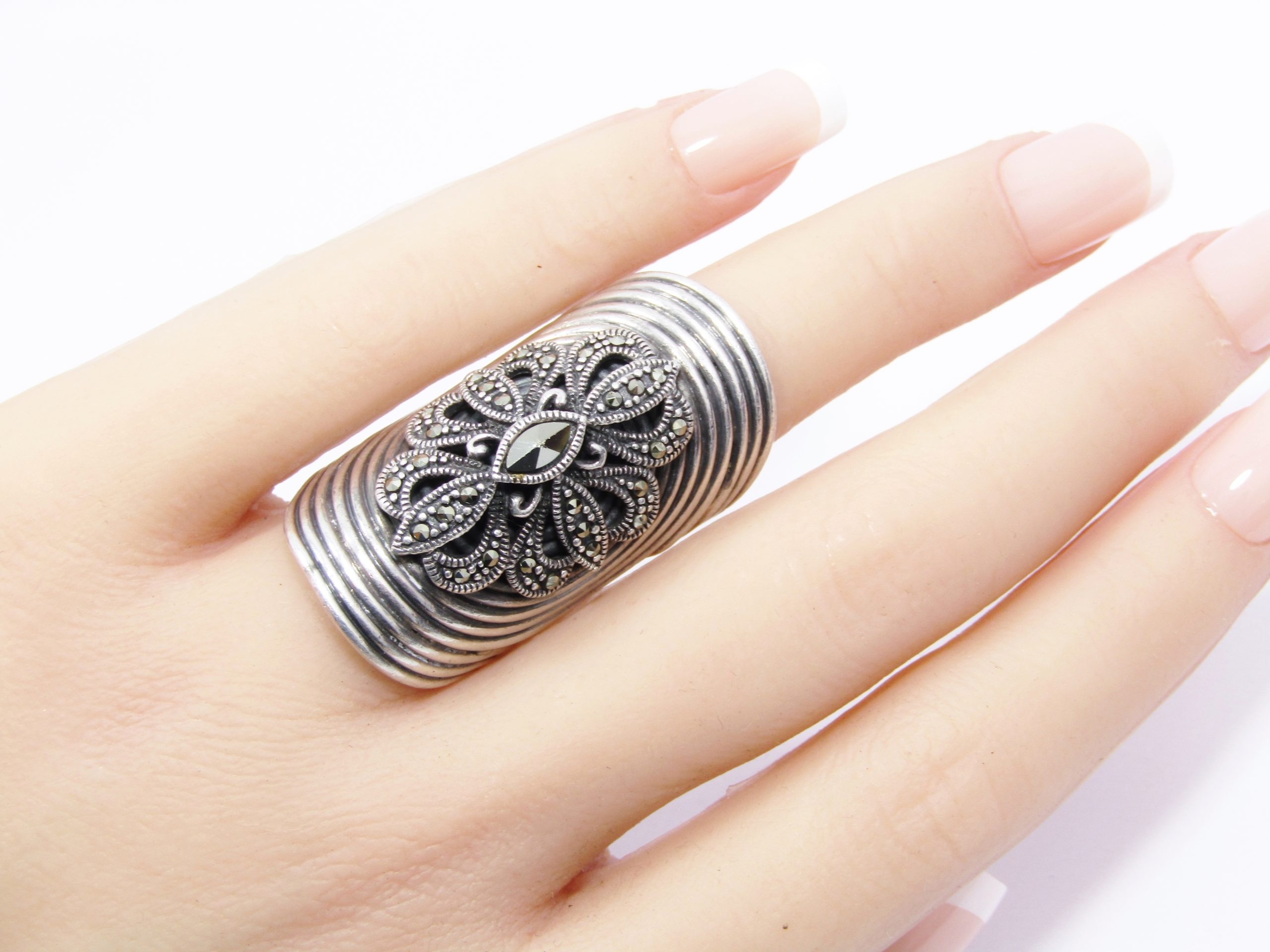 A Gorgeous Chunky Marcasite and Hematite Flower Ring in Sterling Silver.