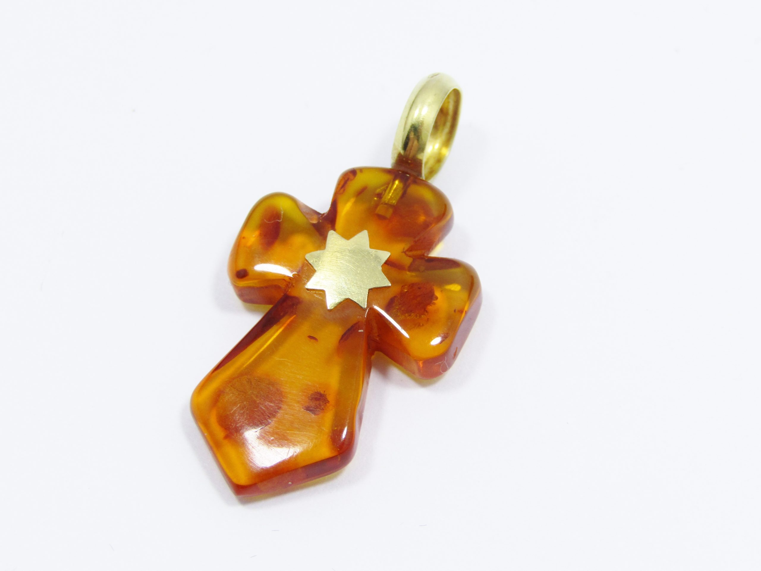 Beautiful! 18CT Yellow Gold & Amber Cross Pendant