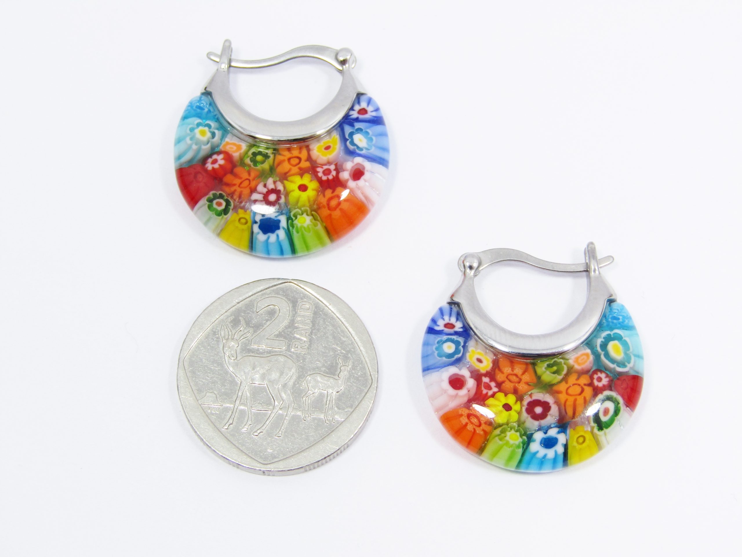 A Gorgeous Pair of Millefiori Design Silver Tone Earrings in Sterling Silver.