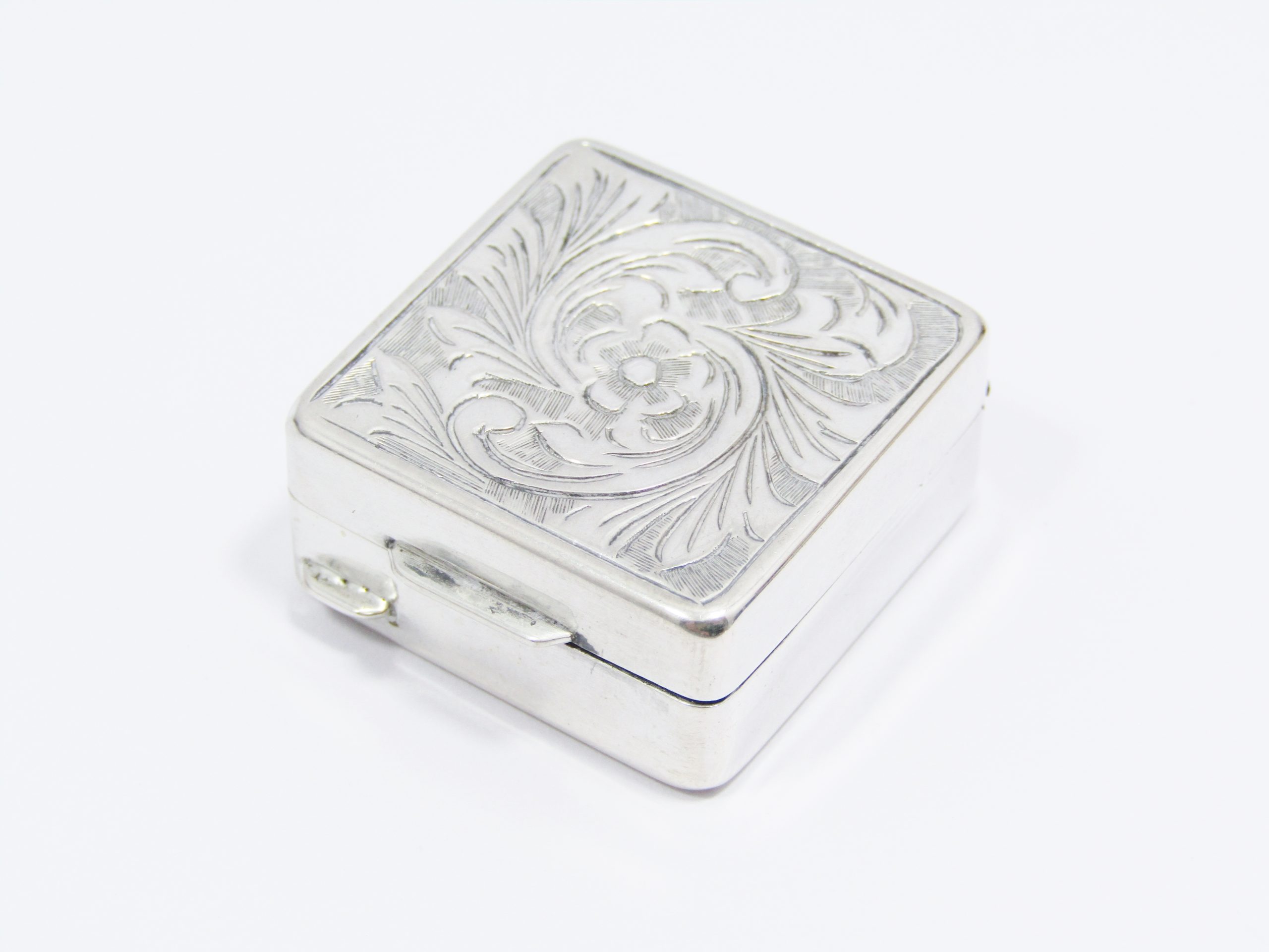 A Beautiful Square 800 Silver Engraved Pill Box