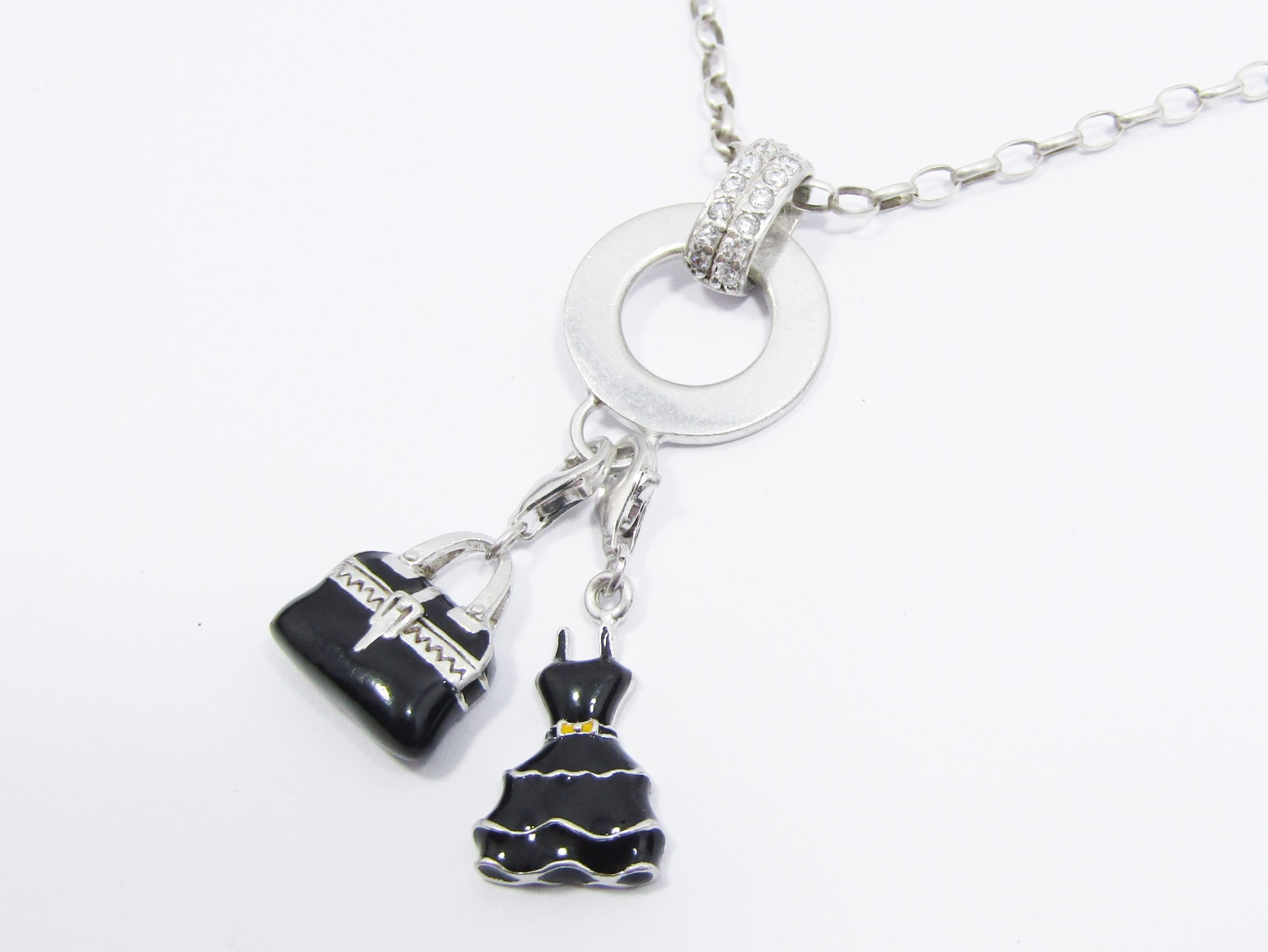 A Stunning Round link Necklace With Two Dangling Enamel Charms in Sterling Silver.