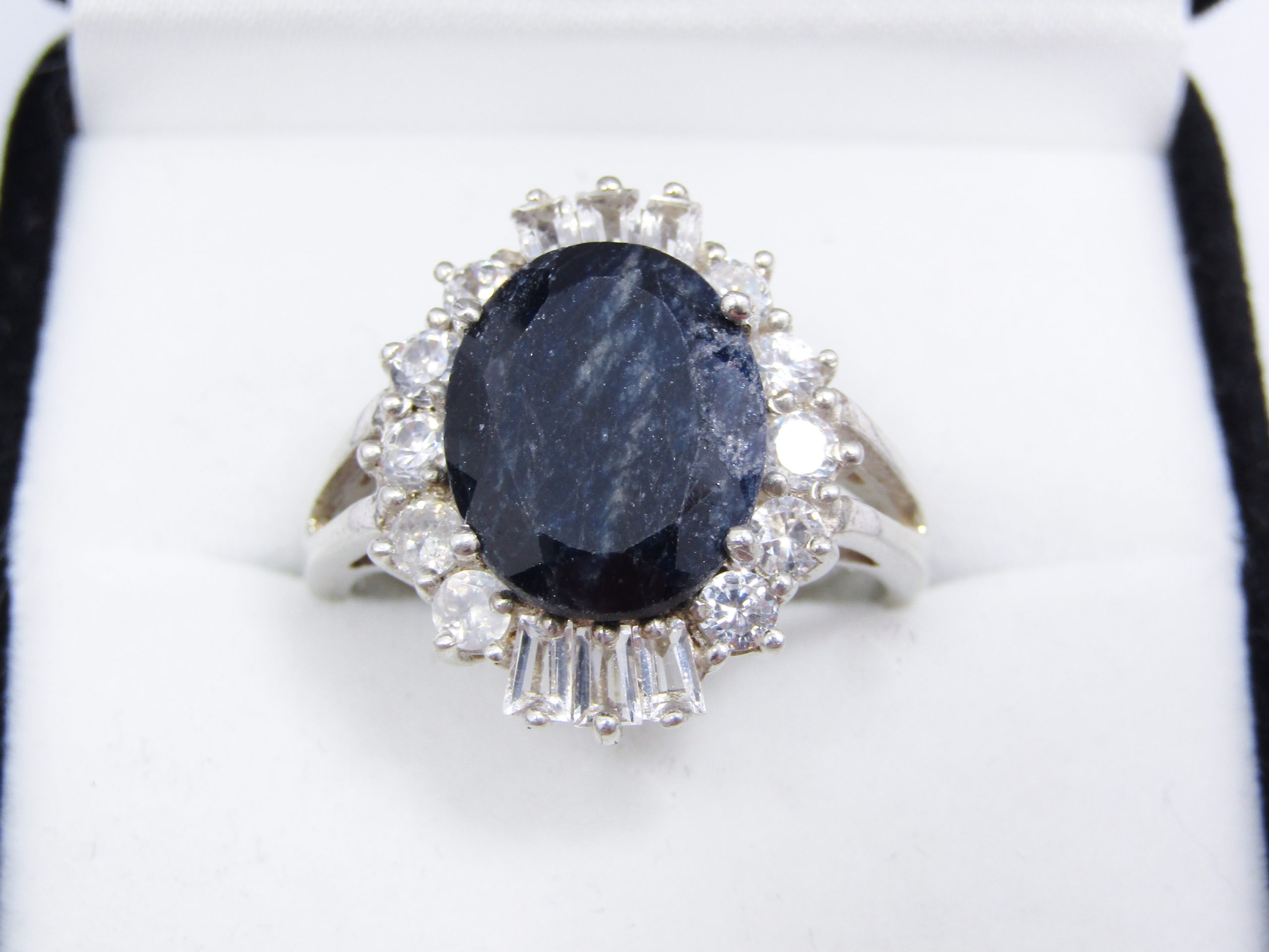 Gorgeous Dark Opaque Sapphire Ring with Clear Baguette CZ in Sterling Silver