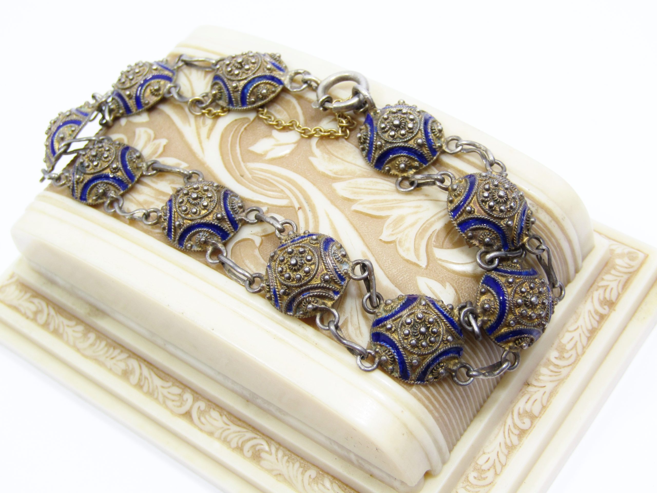 A Beautiful Vintage Gold Gilt Enamel inlay Bracelet with Portugal Hallmarks 833 Silver
