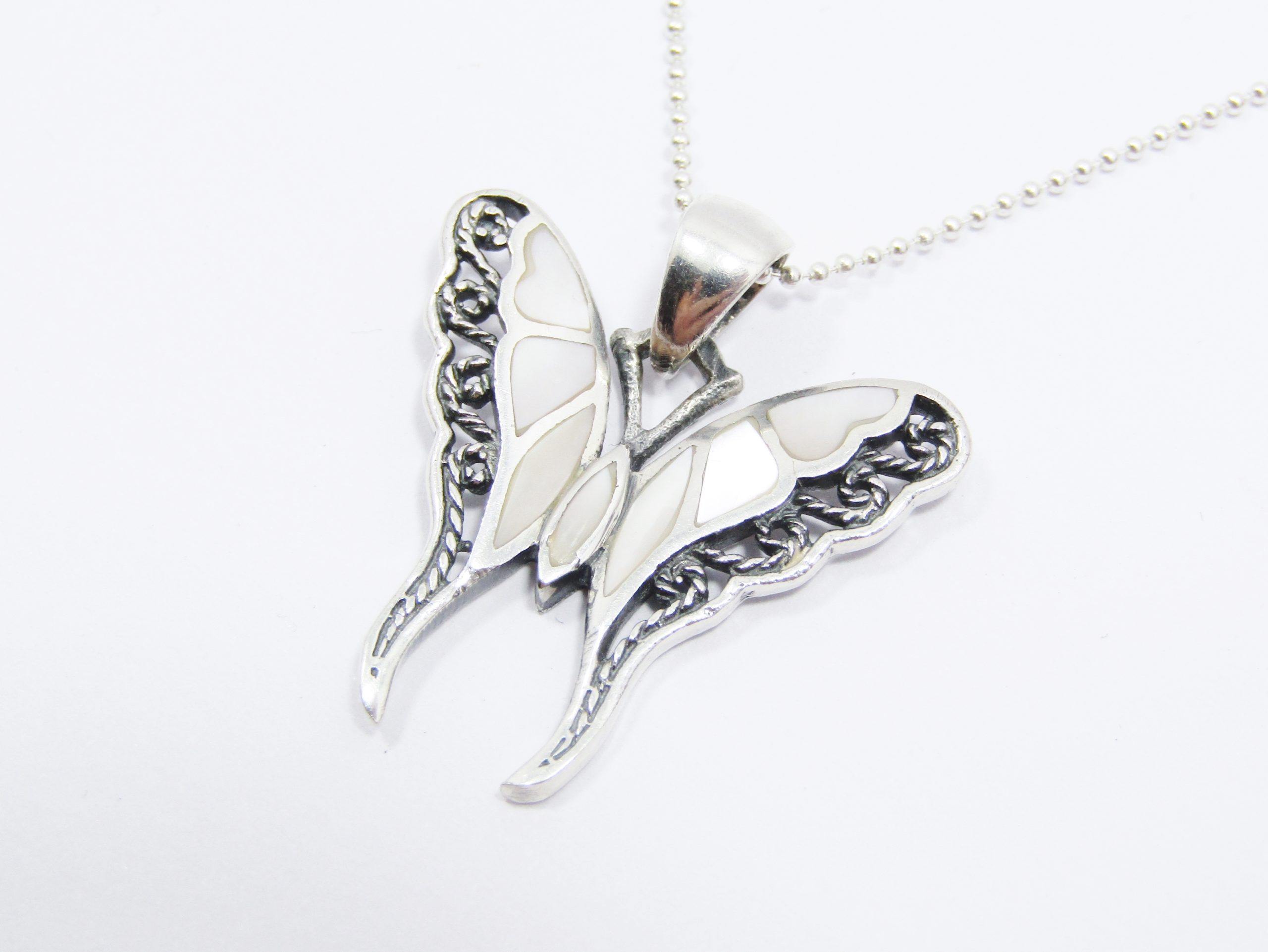 A Stunning Mother of Pearl Inlay Butterfly Necklace on Chain in Sterling Silver.