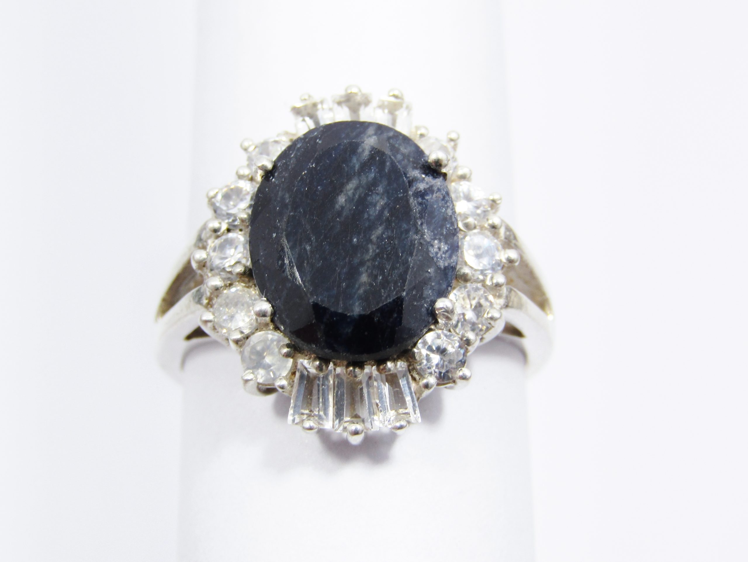 Gorgeous Dark Opaque Sapphire Ring with Clear Baguette CZ in Sterling Silver