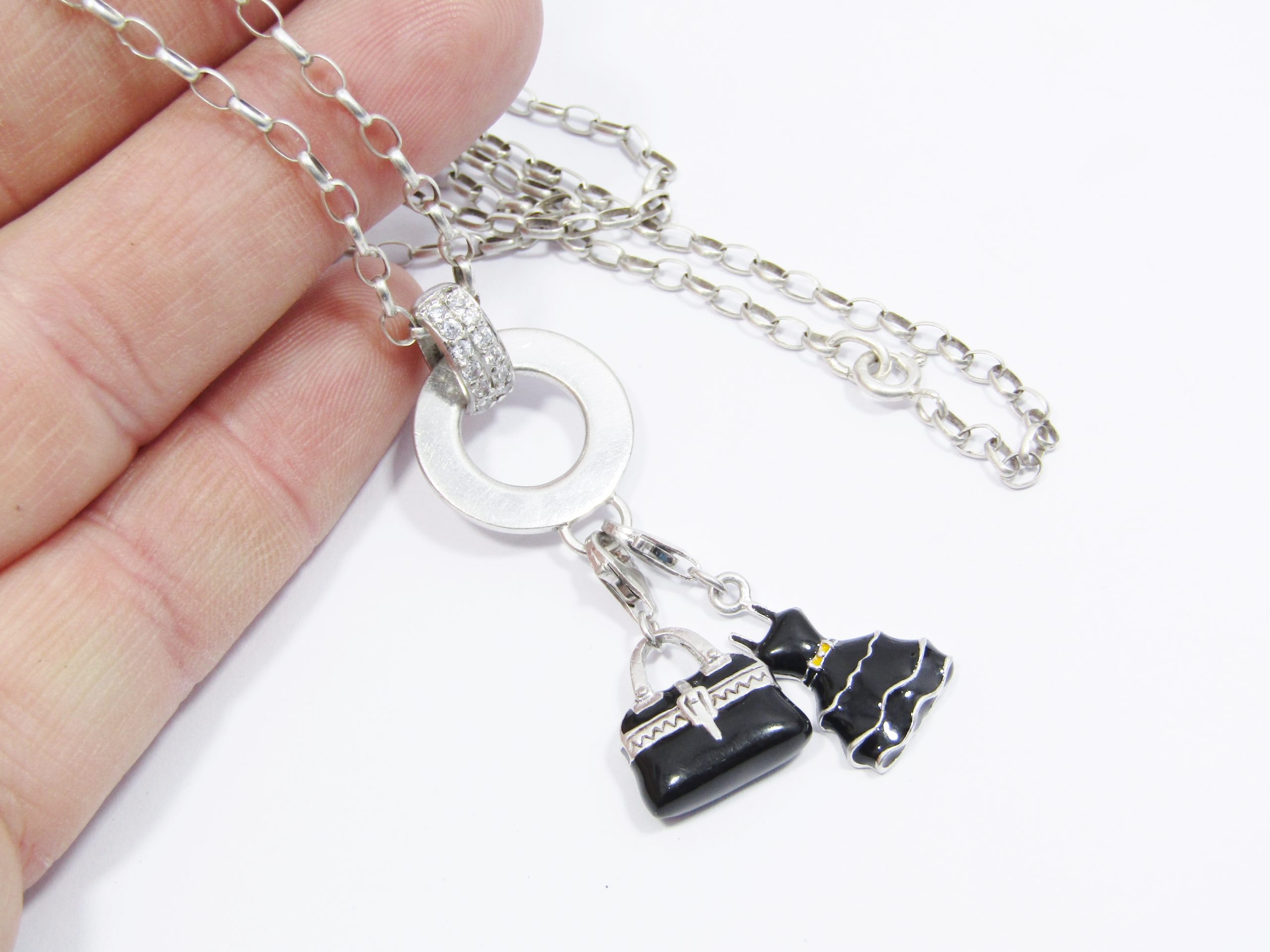 A Stunning Round link Necklace With Two Dangling Enamel Charms in Sterling Silver.