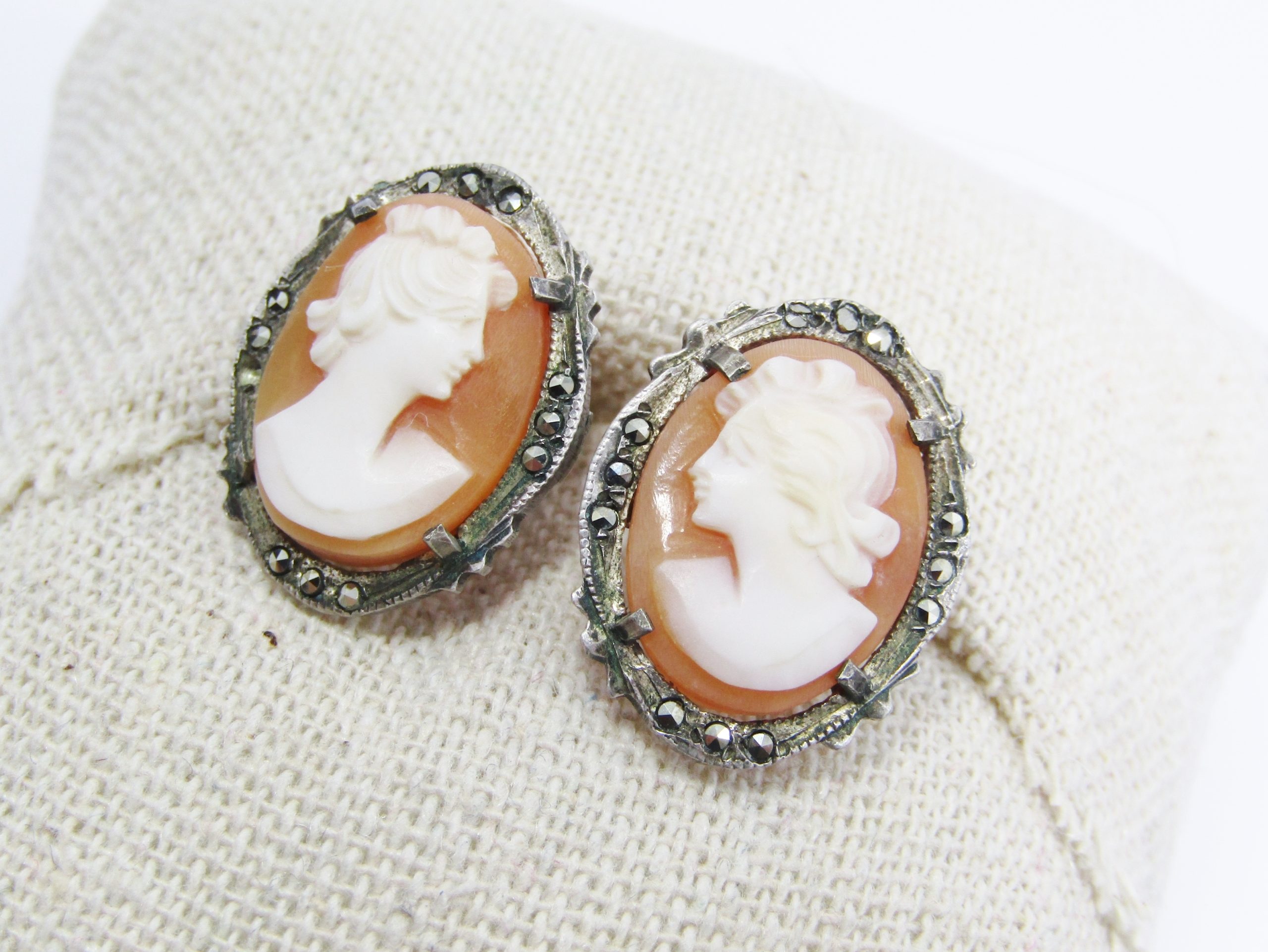 A Gorgeous Pair of Vintage Carved Cameo Screw Back Earrings in Silver.